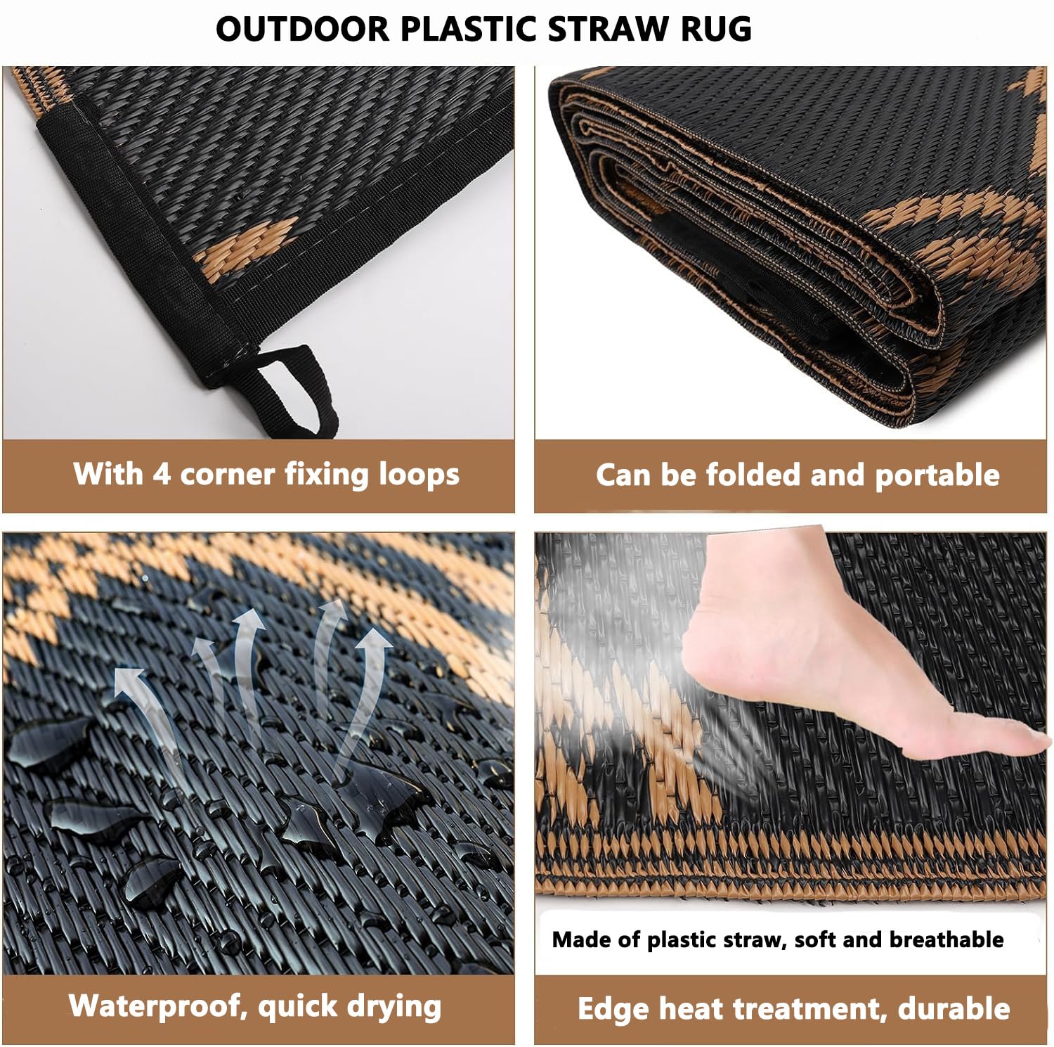 Tappeto Da Esterno Impermeabile In Plastica, Tappeti Per Terrazzo Da Esterno Lavabili, Reversibile Tappetino Da Campeggio Antiscivolo con Fori Di Fissaggio, Antipioggia Portatile Quadrato Tappeto