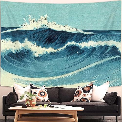 Miniatura 5 de Tapiz retro oceánico para colgar en la pared, tapiz vintage azul acuarela olas del océano, tapiz de pared japonés de olas de mar, tapiz indio para