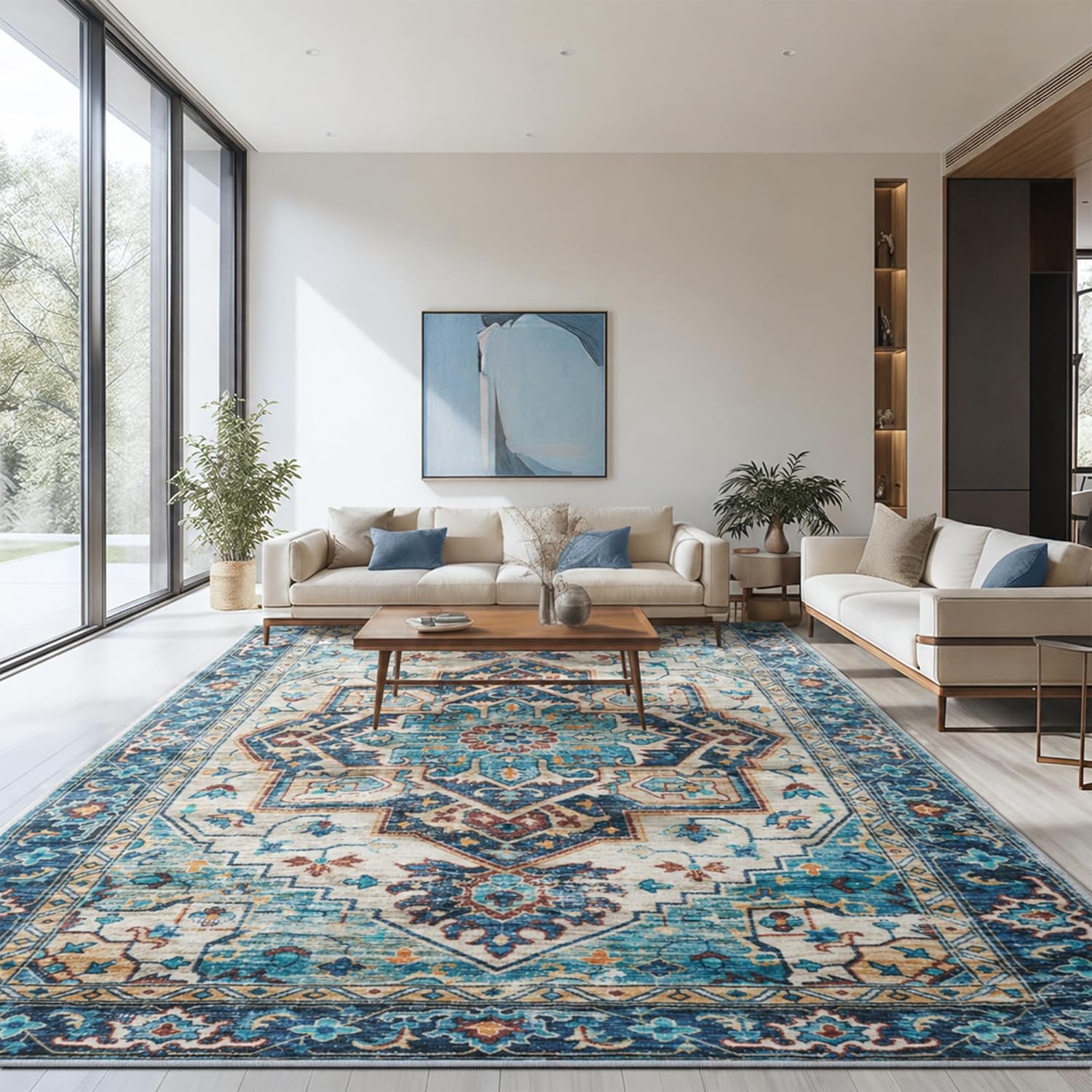 5x7 Area Rugs Low-Pile Vintage Rug - Washable Non-Slip Carpet for Living Room, Bedroom & Dining Room | Water Repellent Indoor Floor Mat for Home Office