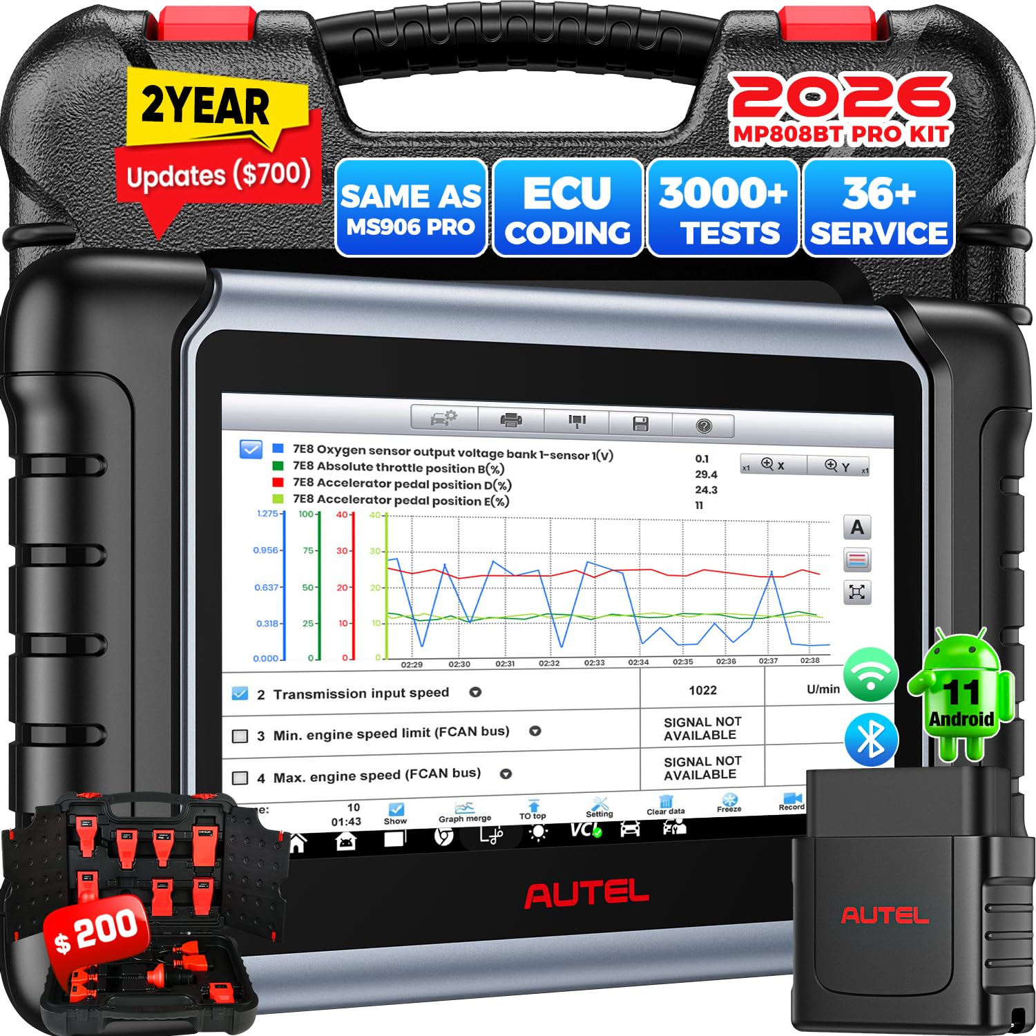 MaxiPRO MP808BT PRO KIT Scanner: 2 Years Update Ver. of MP900BT, $200 Adapters, 2026 11OS Up of MS906BT/ MaxiCOM MK900-BT/ MK900, 3000+ Tests, 30+ Services 150 Makes, FCA AutoAuth