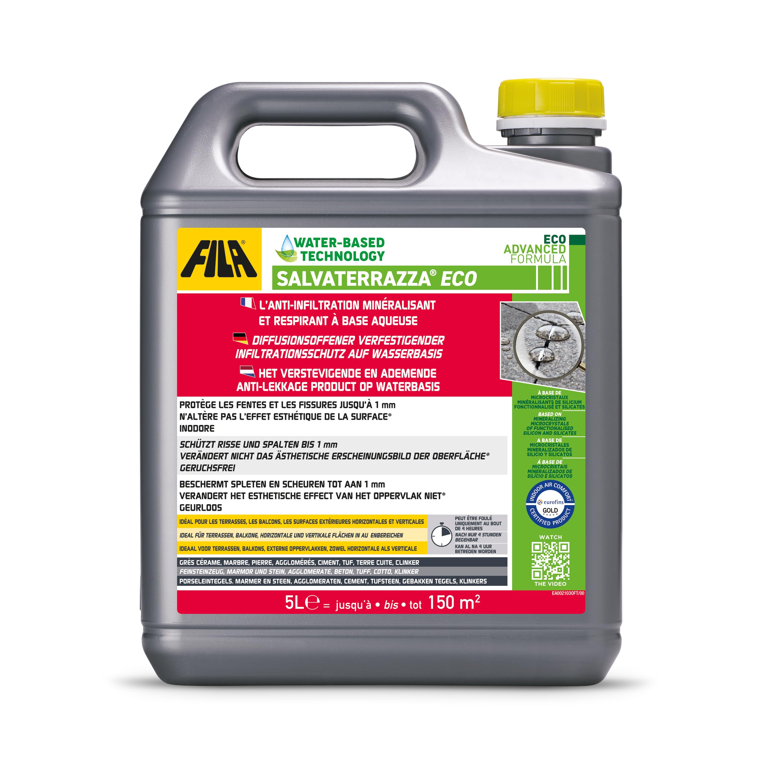 FILA Surface Care Solutions, SALVATERRAZZA ECO, Transparente Wasserdichter Beschichtungsmittel fur Terrassen Fliesen auf Wasserbasis, Konsolidierungseffekt, Auslaufsicher bei Rissen bis zu 1mm, 5L