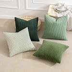 MIULEE Pack of 4 Green Corduroy Decorative Throw Pillow Covers 18x18 Inch Soft Boho Striped Pillow Covers Modern Farmhouse Home Decor for Sofa Living Room Couch Bed