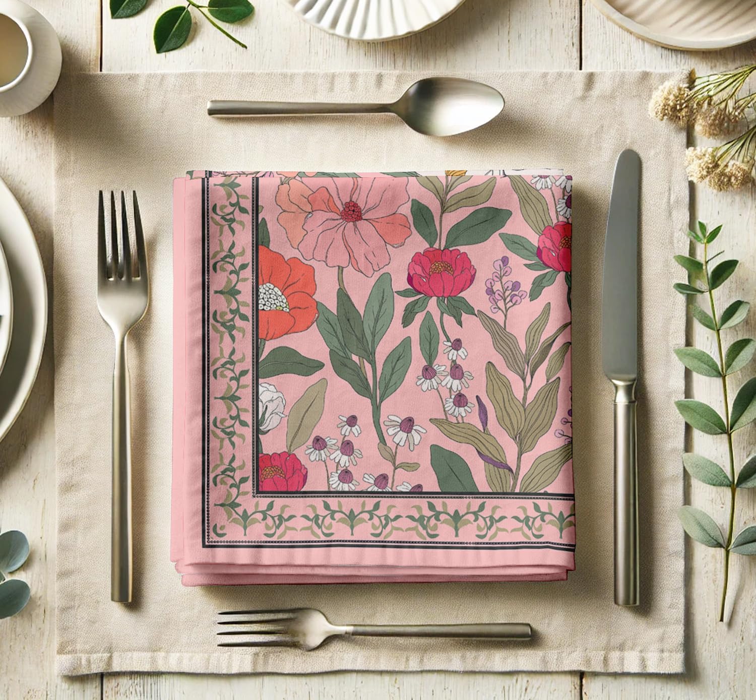 Luxury Cotton Twill Napkins - Set of 12, 20-Inch Floral Design, Premium Thick Cloth Napkins for Elegant Dining & Special Occasions - Soft, Absorbent & Machine Washable