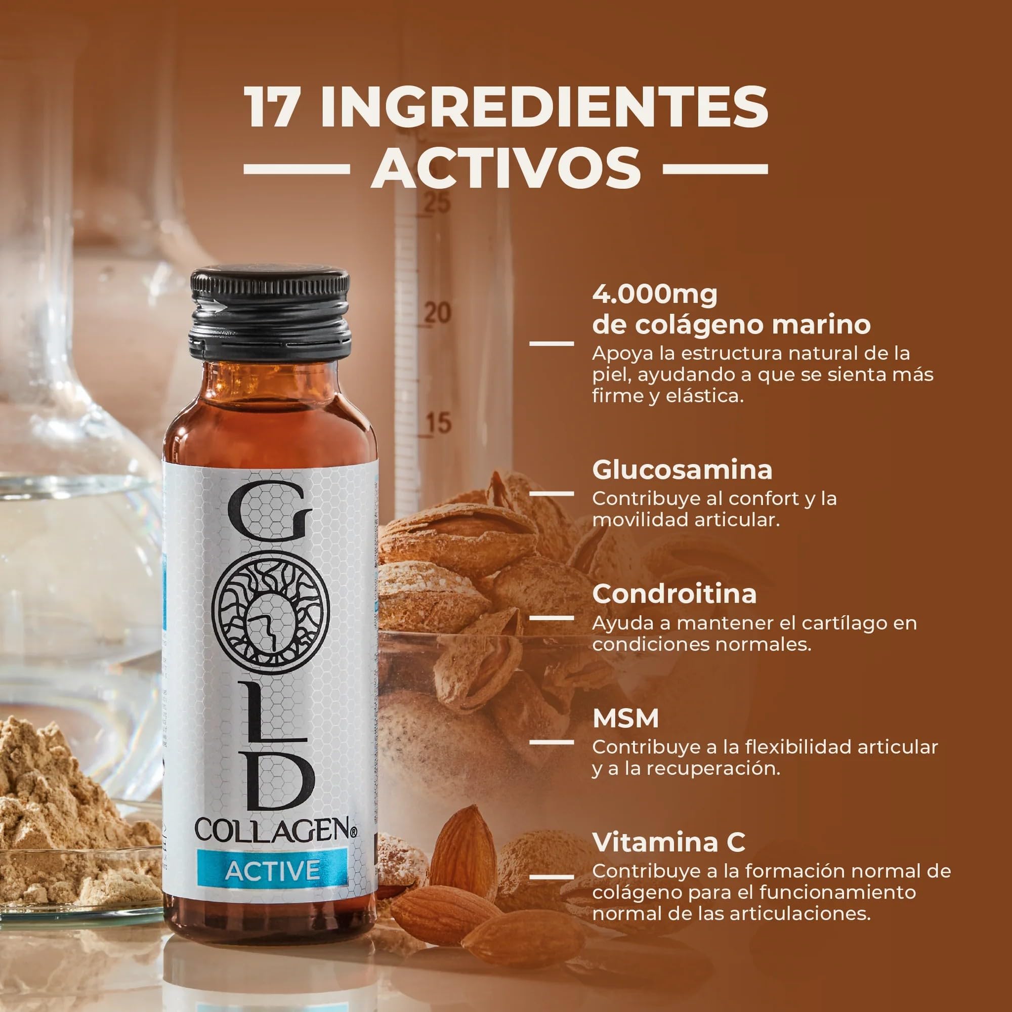 GOLD COLLAGEN® Active - Colágeno Marino Hidrolizado, Complemento Líquido Piel, Crecimiento Cabello y Articulaciones con Vitamina C y E, Glucosamina Condroitina, Colágeno y Ácido Hialurónico, 30x50 ml