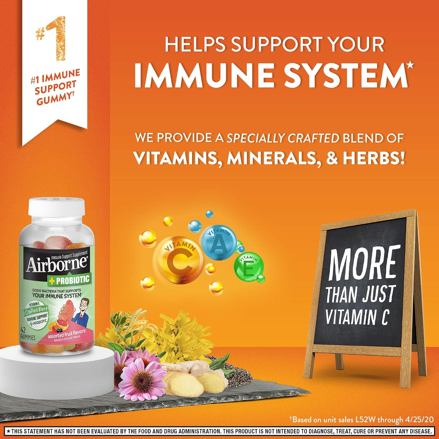 Vitamin C 750mg (per serving) - Airborne Plus Probiotic Gummies (42 count in a bottle), Gluten-Free Immune Support Supplement With Vitamins A C E, Selenium, Echinacea, Ginger, Antioxidants (Pack of 3)