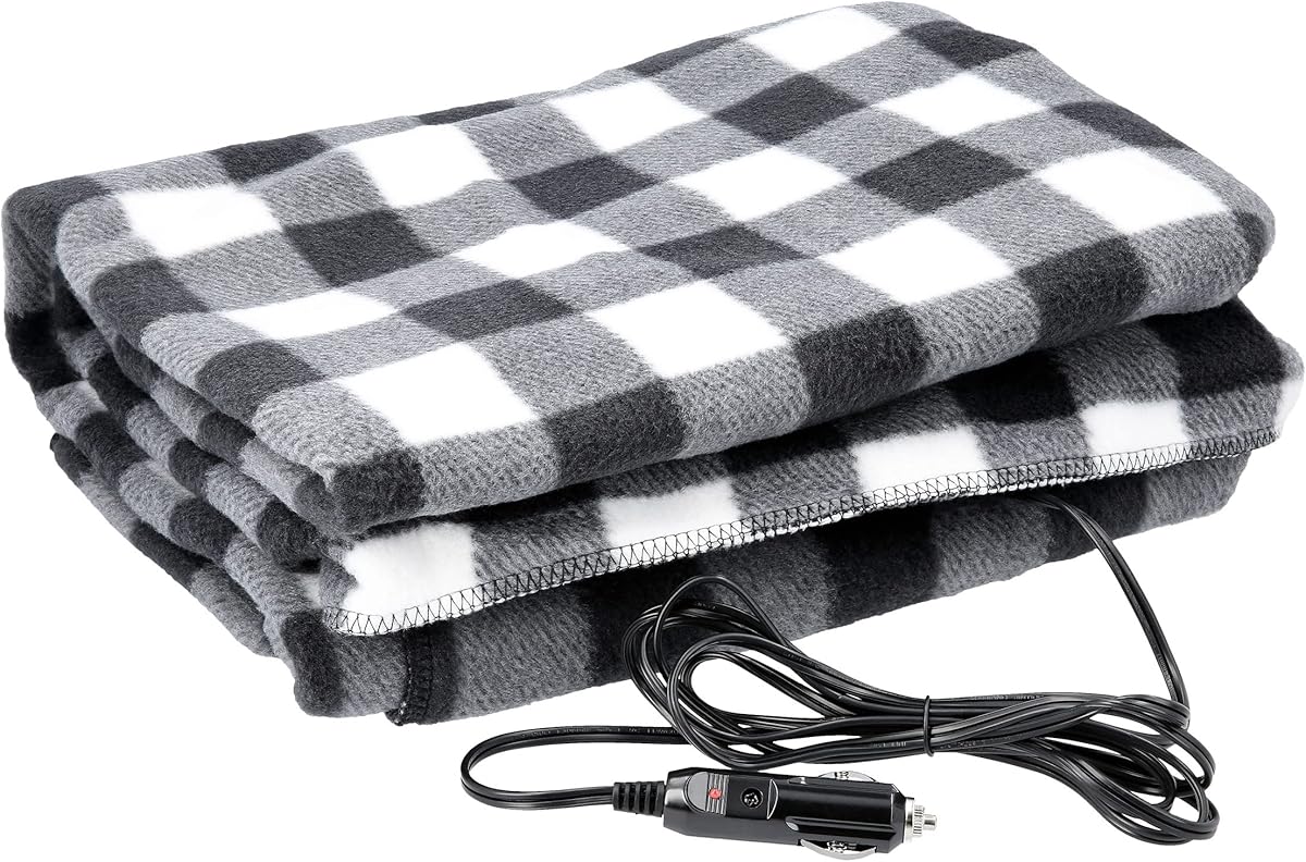 Heated Blanket - 12-Volt Electric Blanket for Car, Truck, SUV, or RV - Portable Winter Car Accessories for Camping or Travel by Stalwart (Black Plaid)