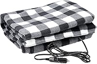 Stalwart 12V Heated Car Blanket - Portable Electric Fleece Throw for Truck SUV RV Camping Travel - Black Plaid 59x43"