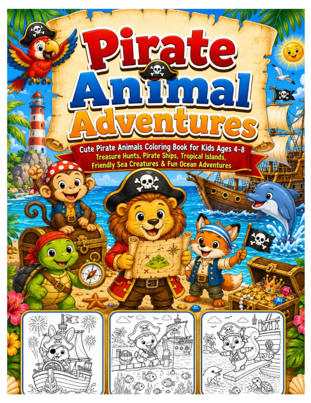 Pirate Animal Adventures: Cute Pirate Animals Coloring Book for Kids Ages 4–8 | Treasure Hunts, Pirate Ships, Tropical Islands, Friendly Sea Creatures & Fun Ocean Adventures
