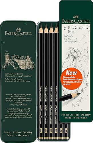 Faber-Castell Pitt - Juego de lápices de grafito mate, lata de metal de 6 lápices de grafito, juego de lápices de dibujo y dibujo (B, 4B, 6B, 8B,