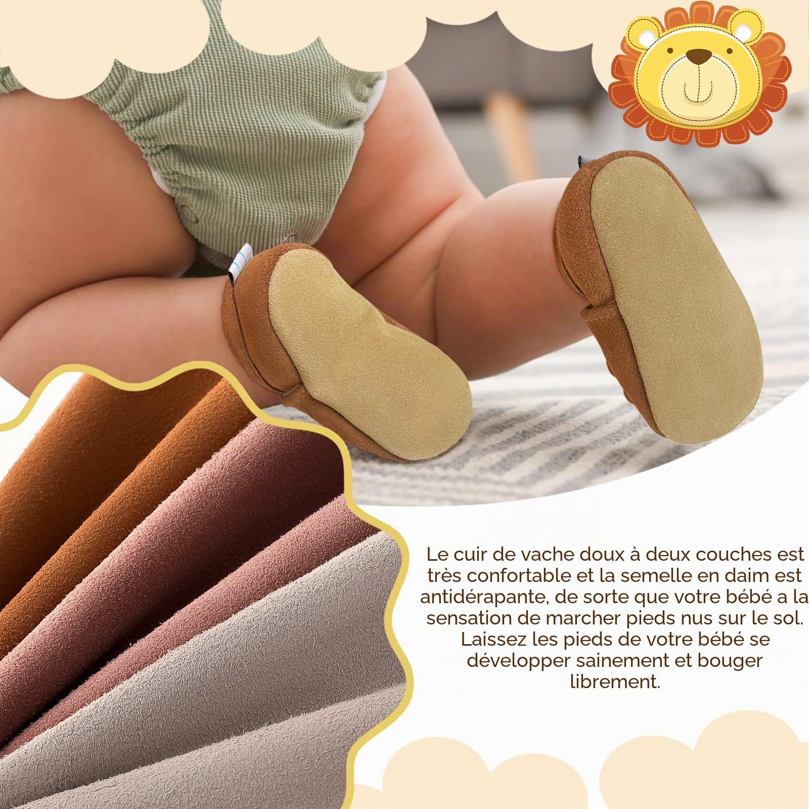 Chaussures pour bébé - Antidérapantes - En cuir souple - Respirantes - Avec élastique - Pour la maison, la crèche