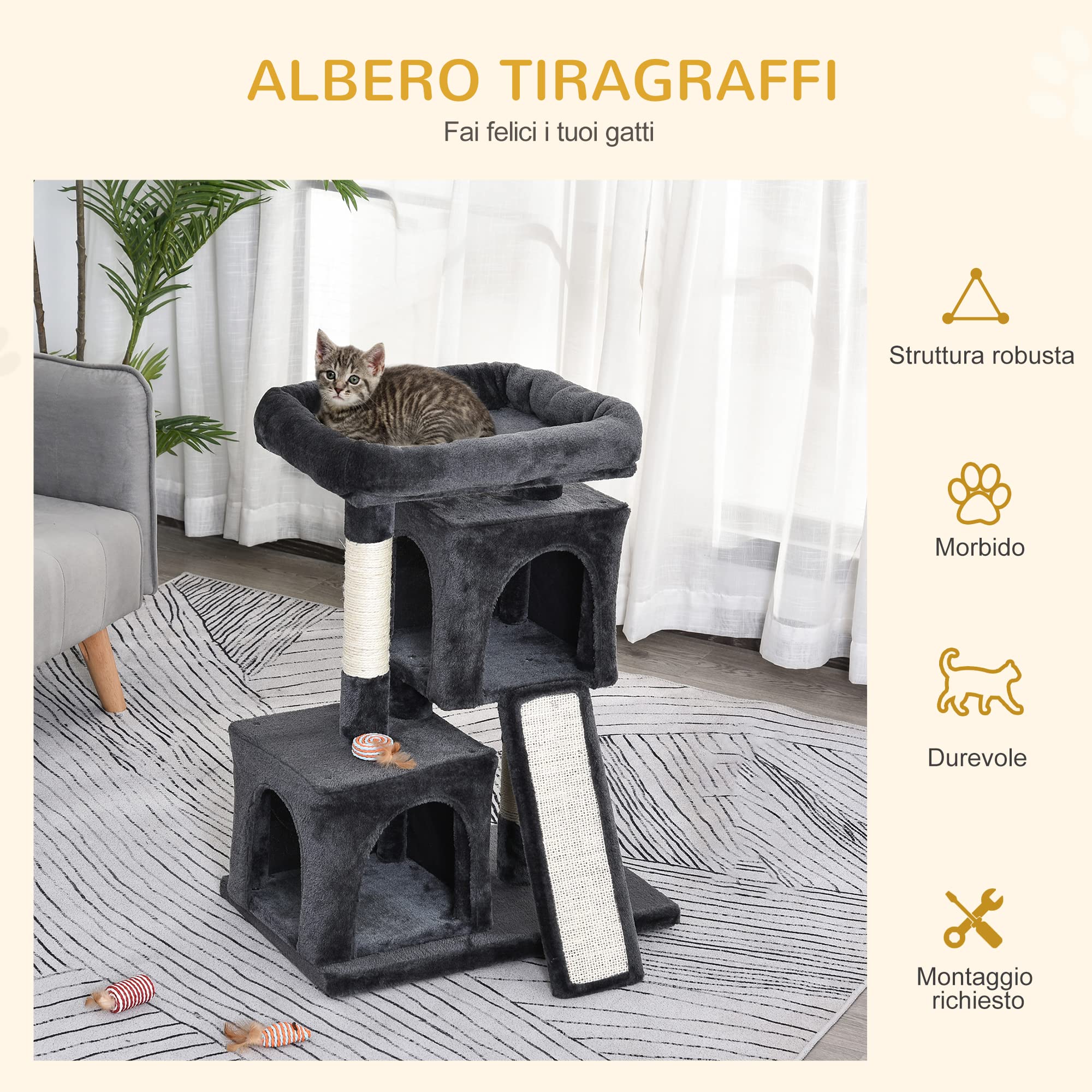 PawHut Tiragraffi Gatto Albero Tira Graffi Gioco Giocattolo Per Gatti - Foto 7