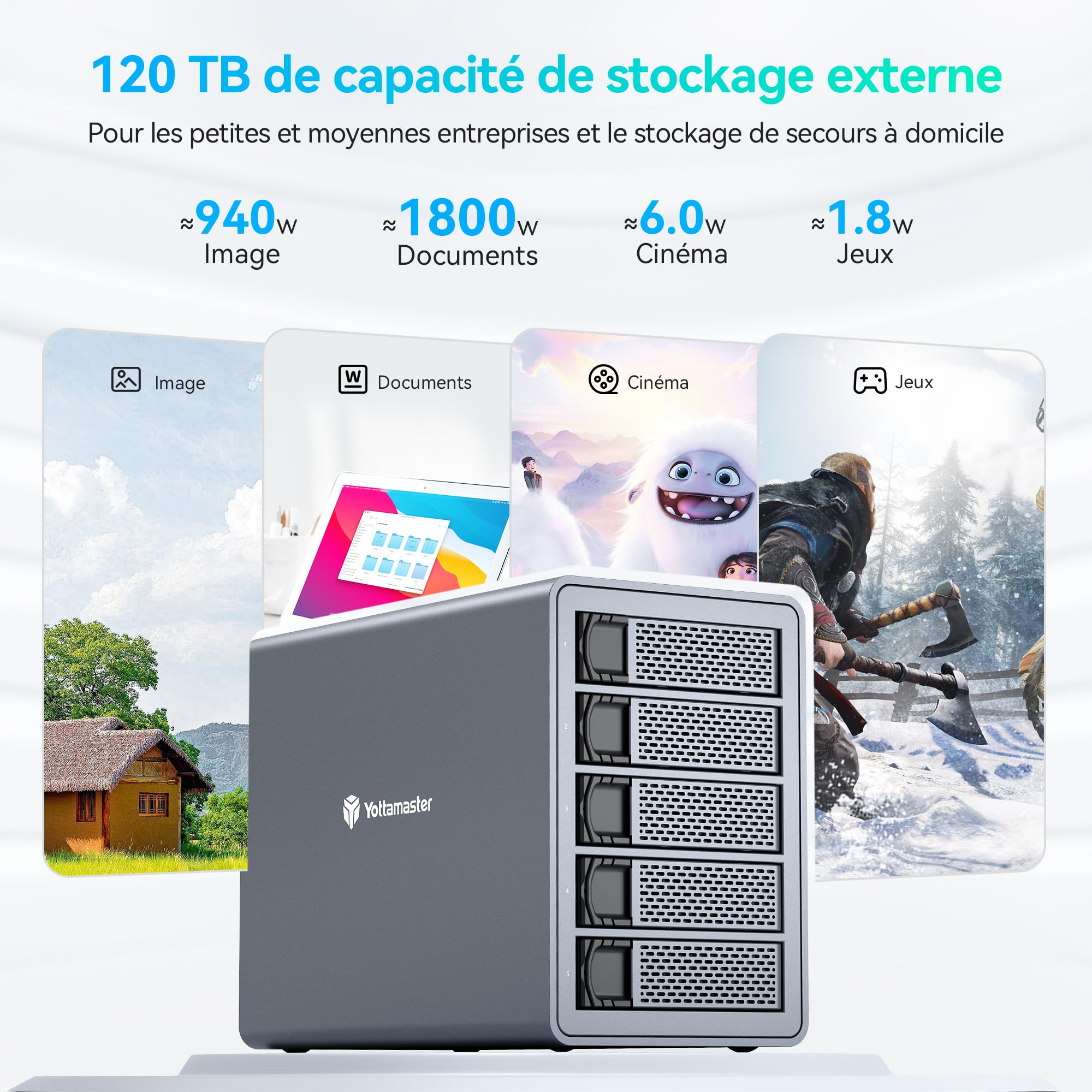 Yottamaster 5 Baies Boîtier Disque Dur Externe, USB 3.0 pour 2,5"/3,5" SATA HDD/SSD, Jusqu’à 5 × 24 to, Boîtier Multi Disque Dur en Aluminium avec Ventilateur Intégré de 80 mm