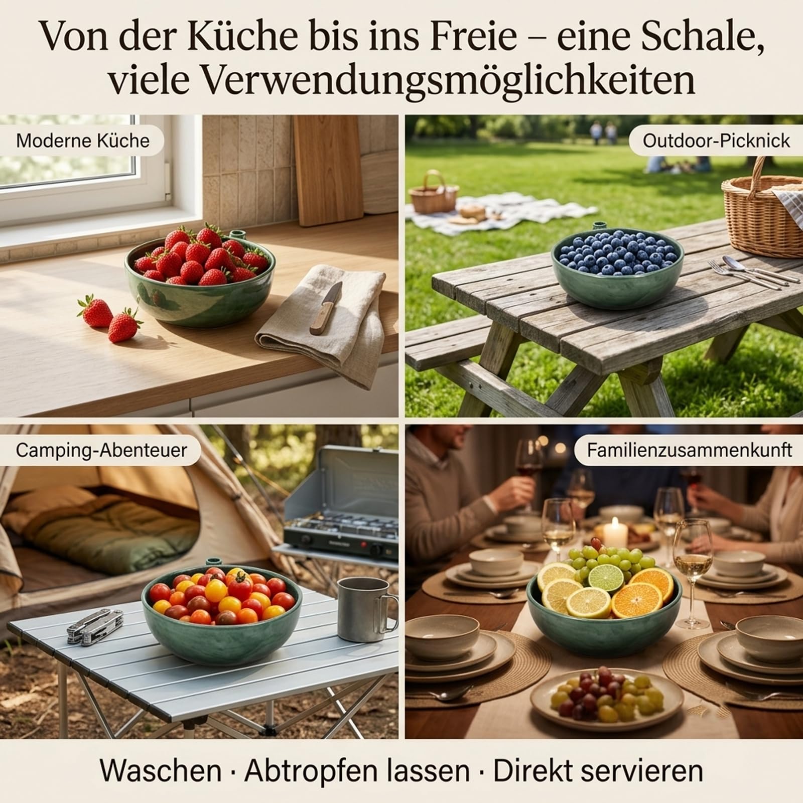 Beeren WaschschüSsel Keramik, SpüLmaschinenfest, Leicht & Praktisch für Küche, Camping mit Fruchtgabel ，A – Dunkelblau