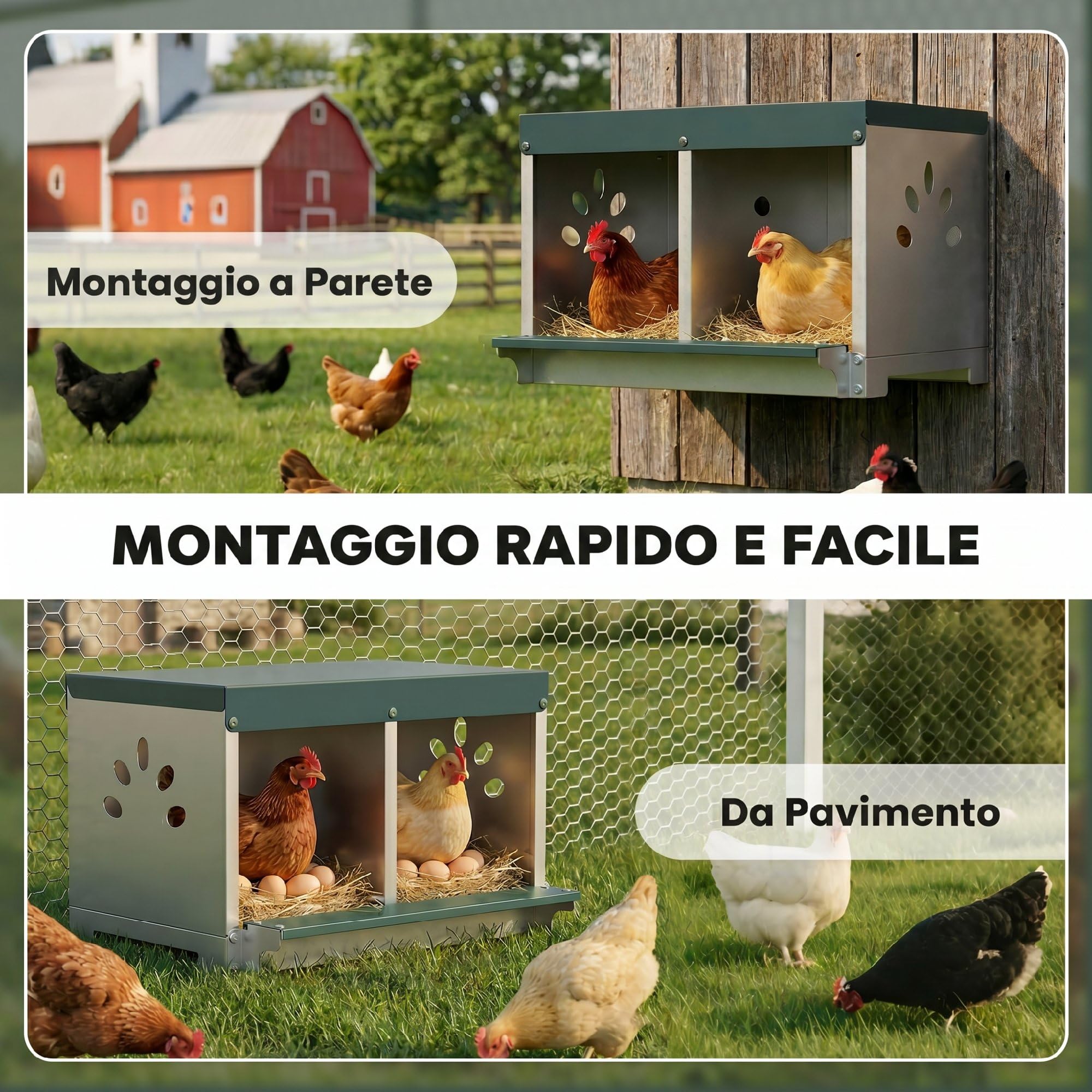 PawHut Nido per Galline Ovaiole in Acciaio a 2 Aree con Base Rialzata e Tetto, Nido Galline con Fori di Ventilazione, Facile da Pulire, 54.5x42.5x35.5 cm, Argento