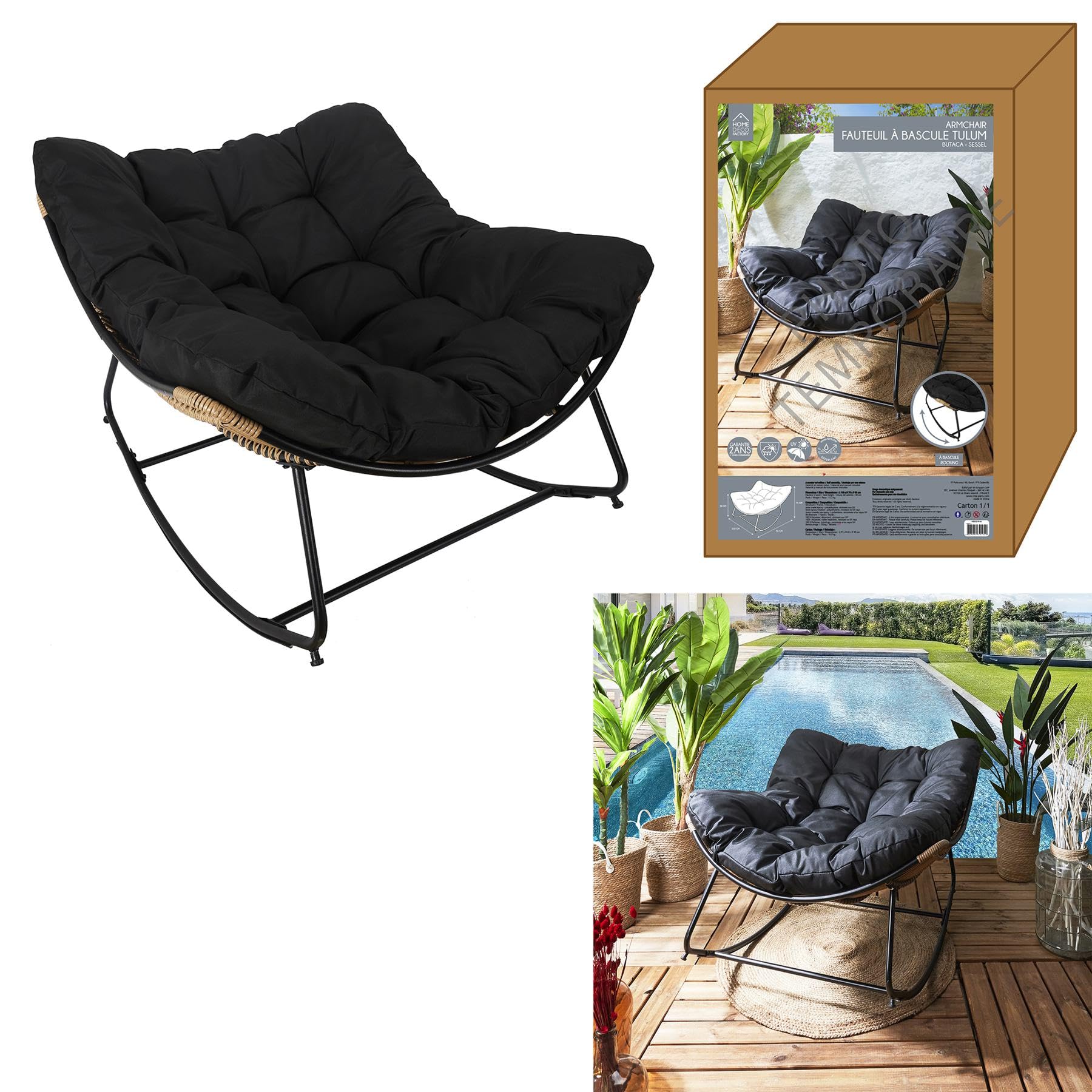 HOME DECO FACTORY, Fauteuil de Jardin à Bascule, Tulum, en Fer, Fauteuil Oeuf à Bascule de Jardin, Assise Capitonnée, Effet rotin résistant aux UV, Noir | Fer, fauteuil de jardin à bascule Tulum, assise œuf capitonnée, jardin ou terrasse, noir