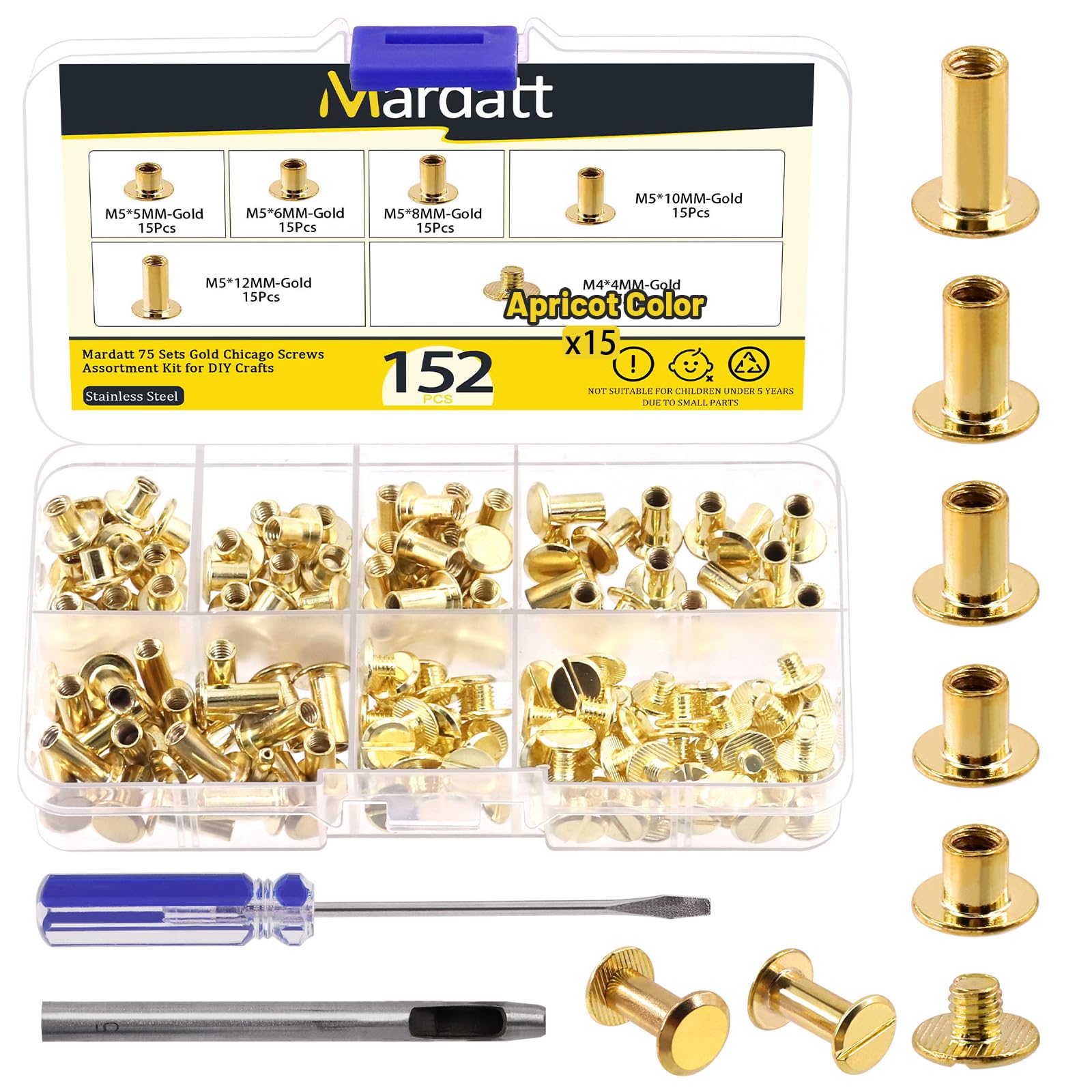 Mardatt 152Pcs 5 Sizes Chicago Screws with Punch and Screwdriver, M5 x 5/6/8/10/12MM Carbon Steel Chicago Rivets M5 Chicago Binding Screws Flat Head Leather Rivets for DIY Leather Repair(Gold)