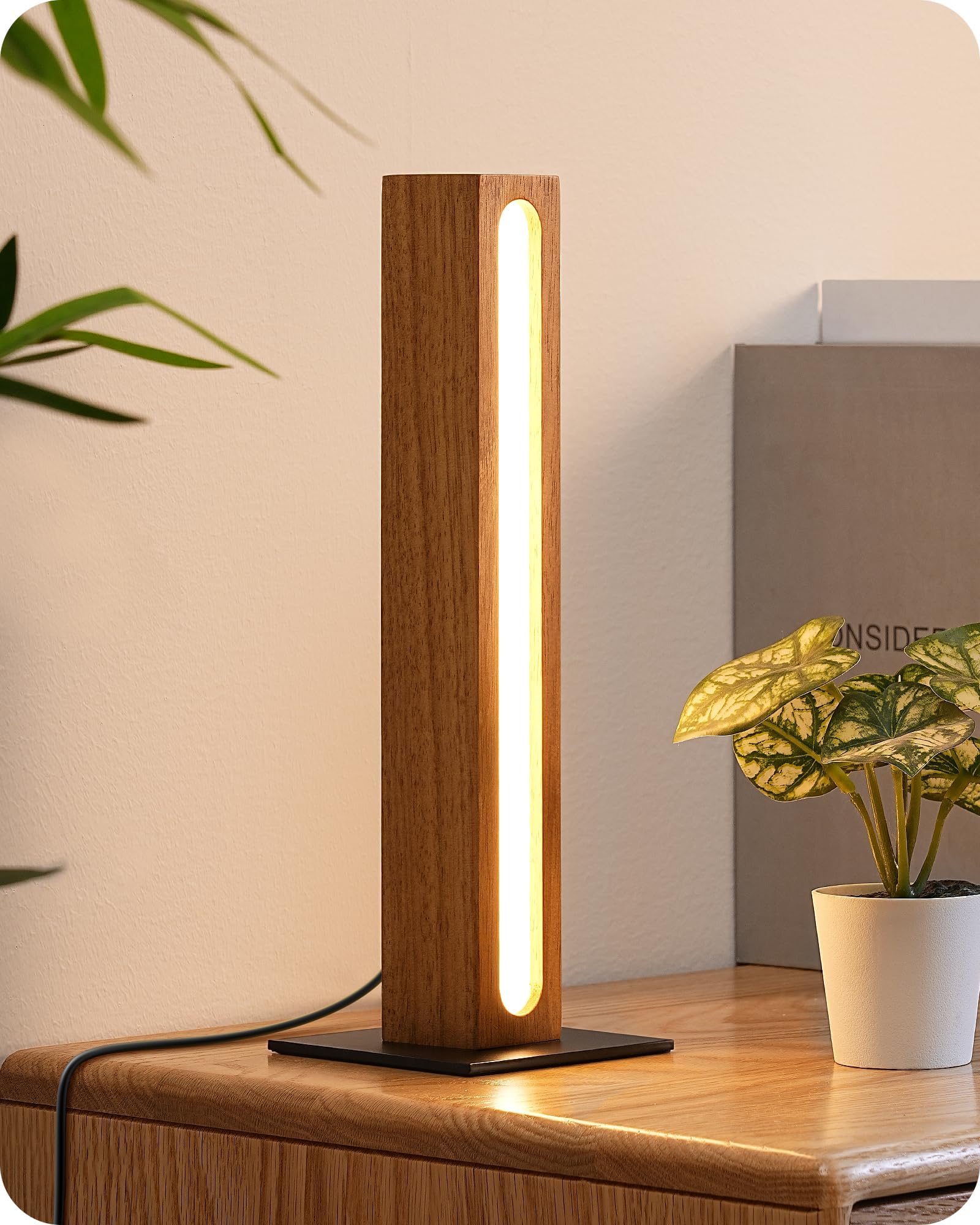 EDISHINE LED Table Lamp, Small Wood Bedside Lamp with 3 Color Temperature, Stepless Dimmable & Memory Function, Touch Control Square Nightstand Lamp for Bedroom, Living Room, One-Step Installation