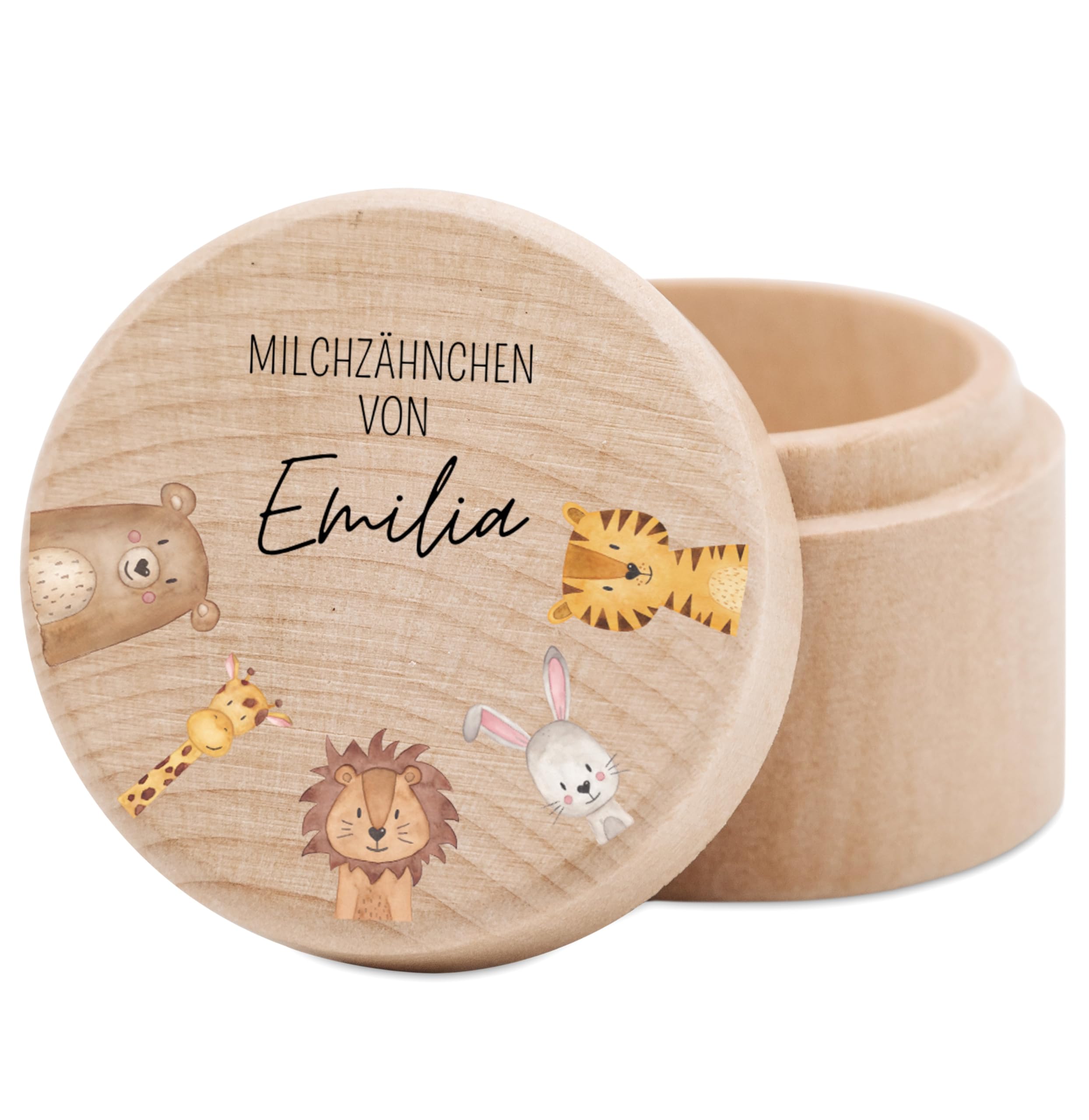 wunderwunsch® - Milchzahndose personalisiert aus Holz mit kinderfreundlichem UV-Druck - Zahndose Milchzähne als Erinnerung an die ersten Zähnchen (Tiere)