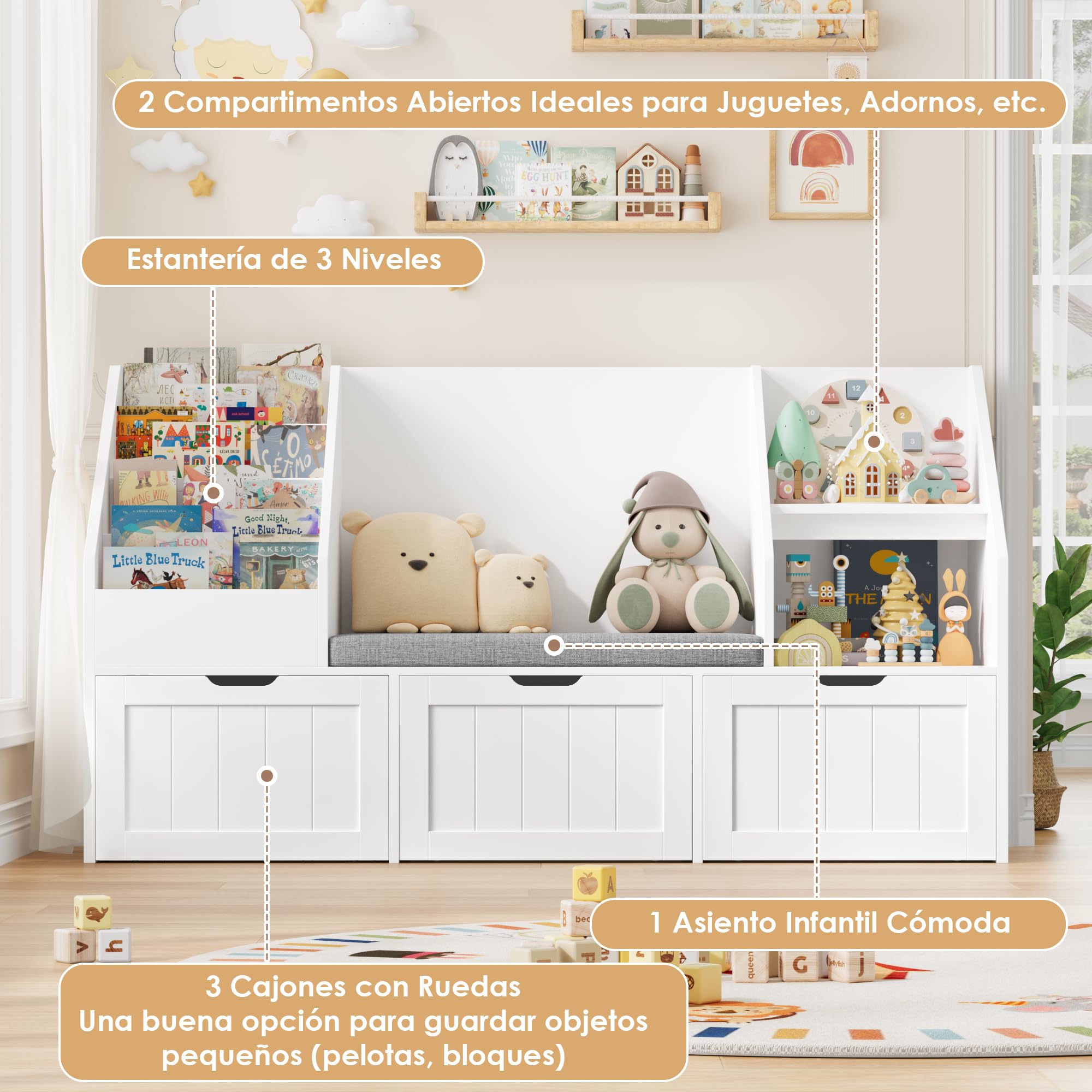 FOREHILL 140cmAn. Organizador de Juguetes y Banco Infantil 2 en 1 con Cojín | Mueble Almacenaje Juguetes, Estantería Infantil con Asiento, 3 Cajones con Ruedas para Habitación Infantil Blanco 140x40x80cm