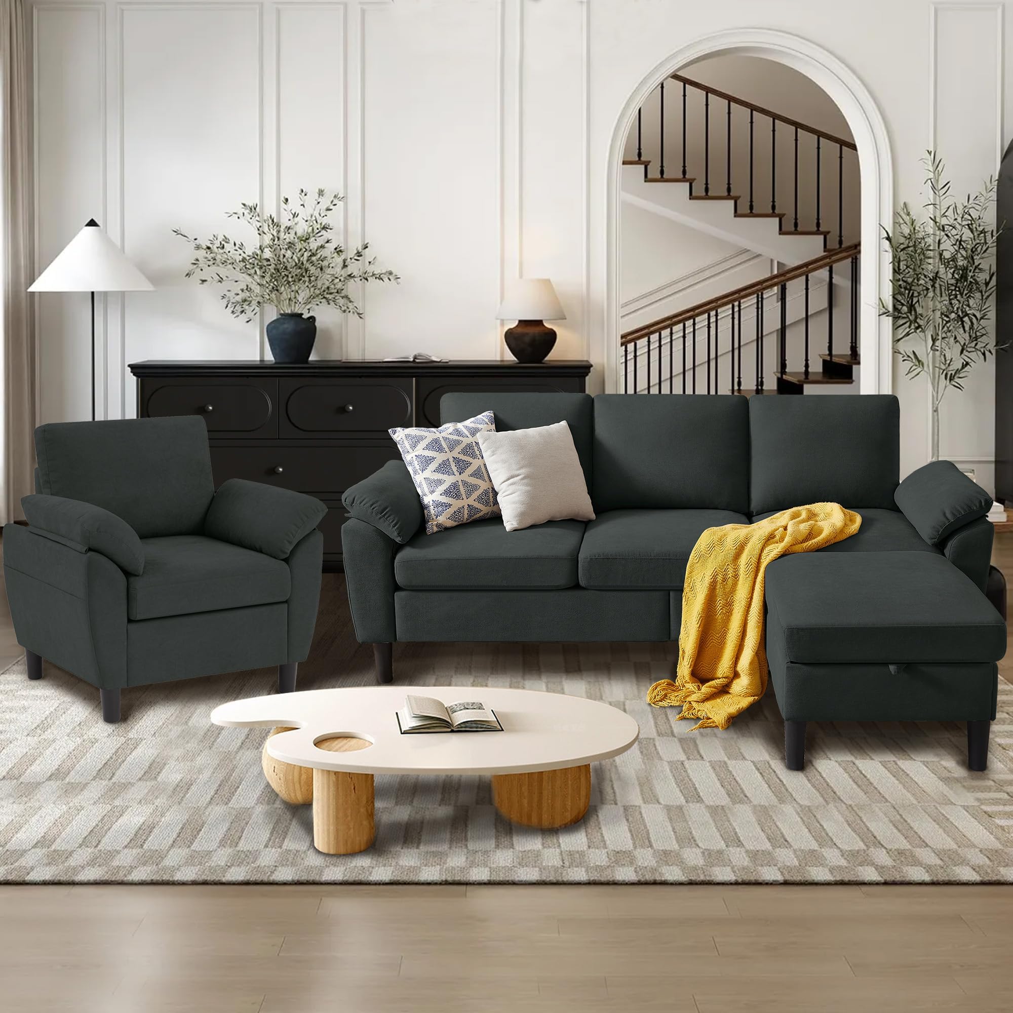 Chireca 3 Piece Convertible Sectional Sofa Set, Modern Linen Small L Shaped Couch with Reversible Ottoman and Accent Chair, 3-Seat Sofa Couches for