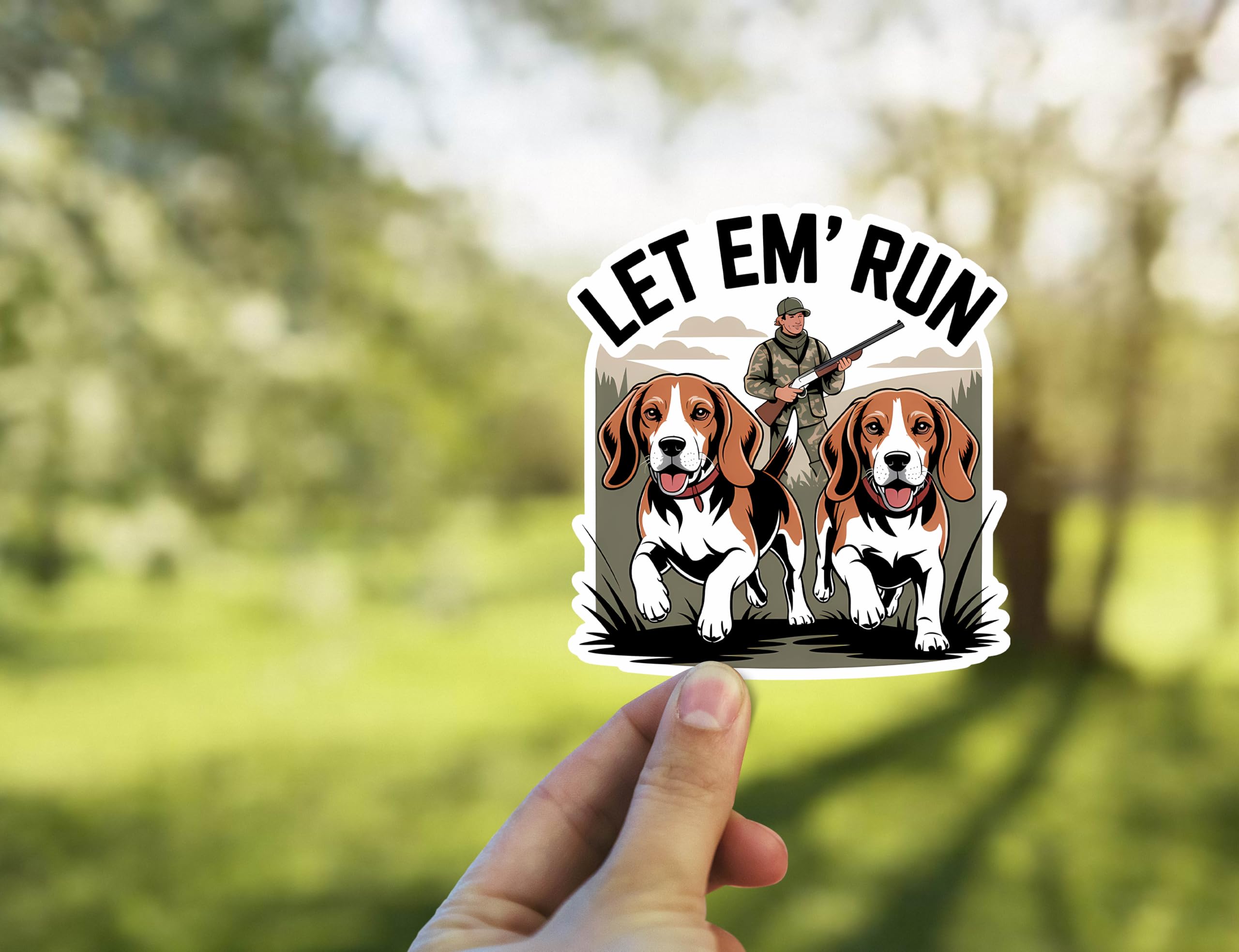 Rabbit Hunting Sticker Decals - let Em' Run Sticker for Rabbit Hunters. Great for Cars, Water Bottles and Coolers and More. Beagle Dogs in a Hunting Scene. (3.5