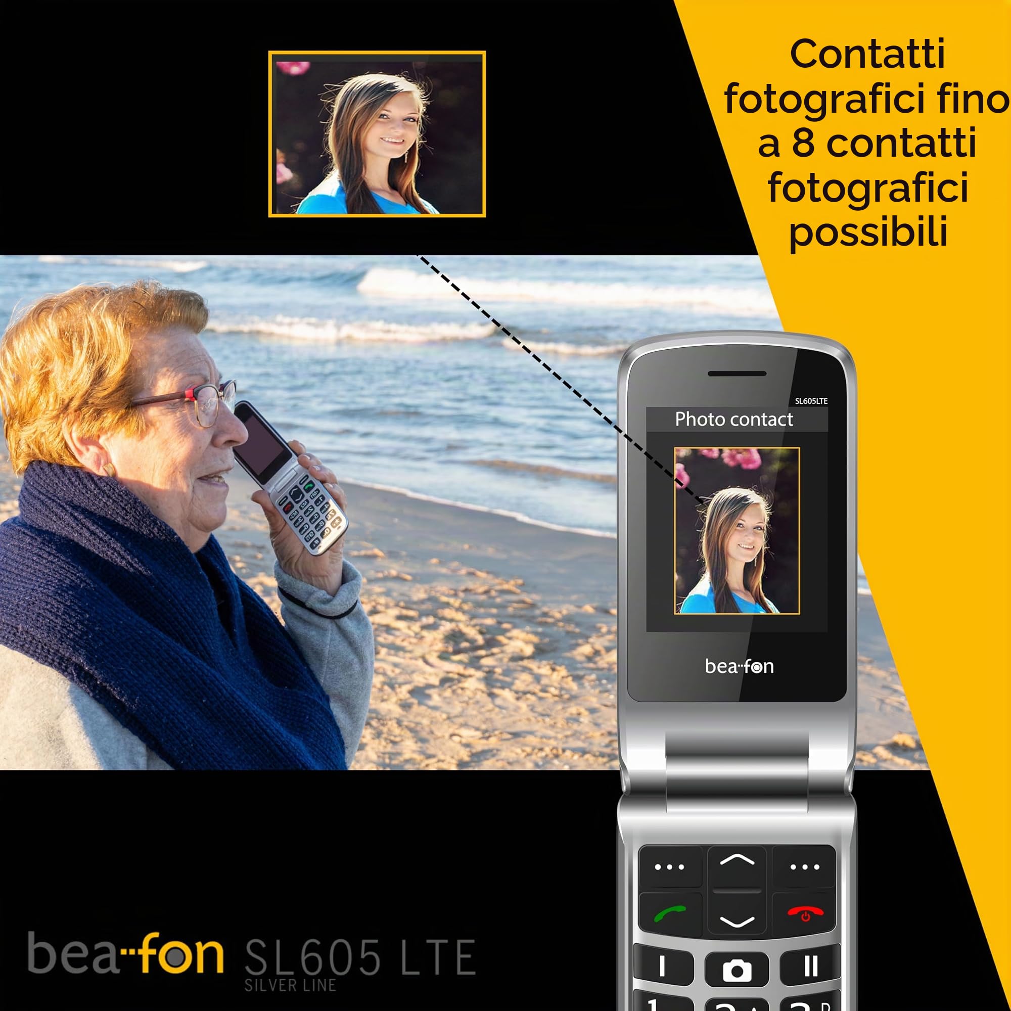 Beafon, SL605 LTE 4G, Silverline, telefono cellulare pieghevole per anziani con pulsante di emergenza, display interno a colori 2,4" (6,09 cm), display esterno a colori 1,44" (3,65 cm), IP54