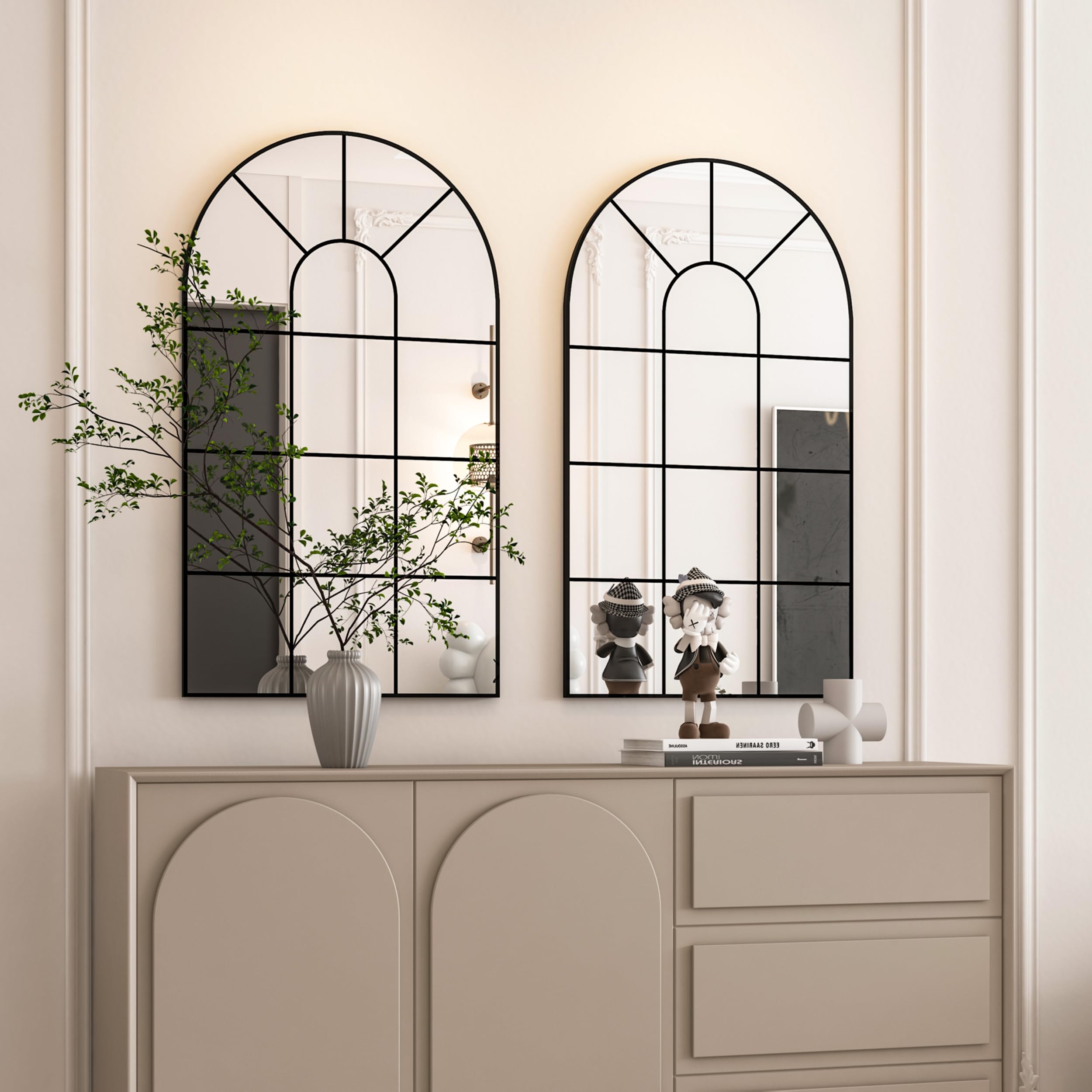Gewölbte Fenster Wandspiegel, 80x50cm, dekorativer Spiegel, Eitelkeitsspiegel für Badezimmer, Schlafzimmer, Wohnzimmer, Fensterscheibe Spiegel, Bauernhaus Spiegel für Wand Dekor, Schwarz