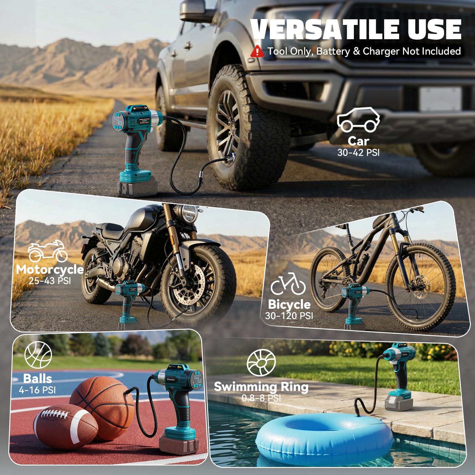 Ecarke Akku Kompressor 11 Bar mit Digitalmanometer & 12V-Zigarettenanzünder, kompatibel mit Makita 18V Akku, Tragbarer Luftpumpe für Auto, SUV, Motorrad, Fahrrad und Bälle, Ohne Akku & Ladegerät