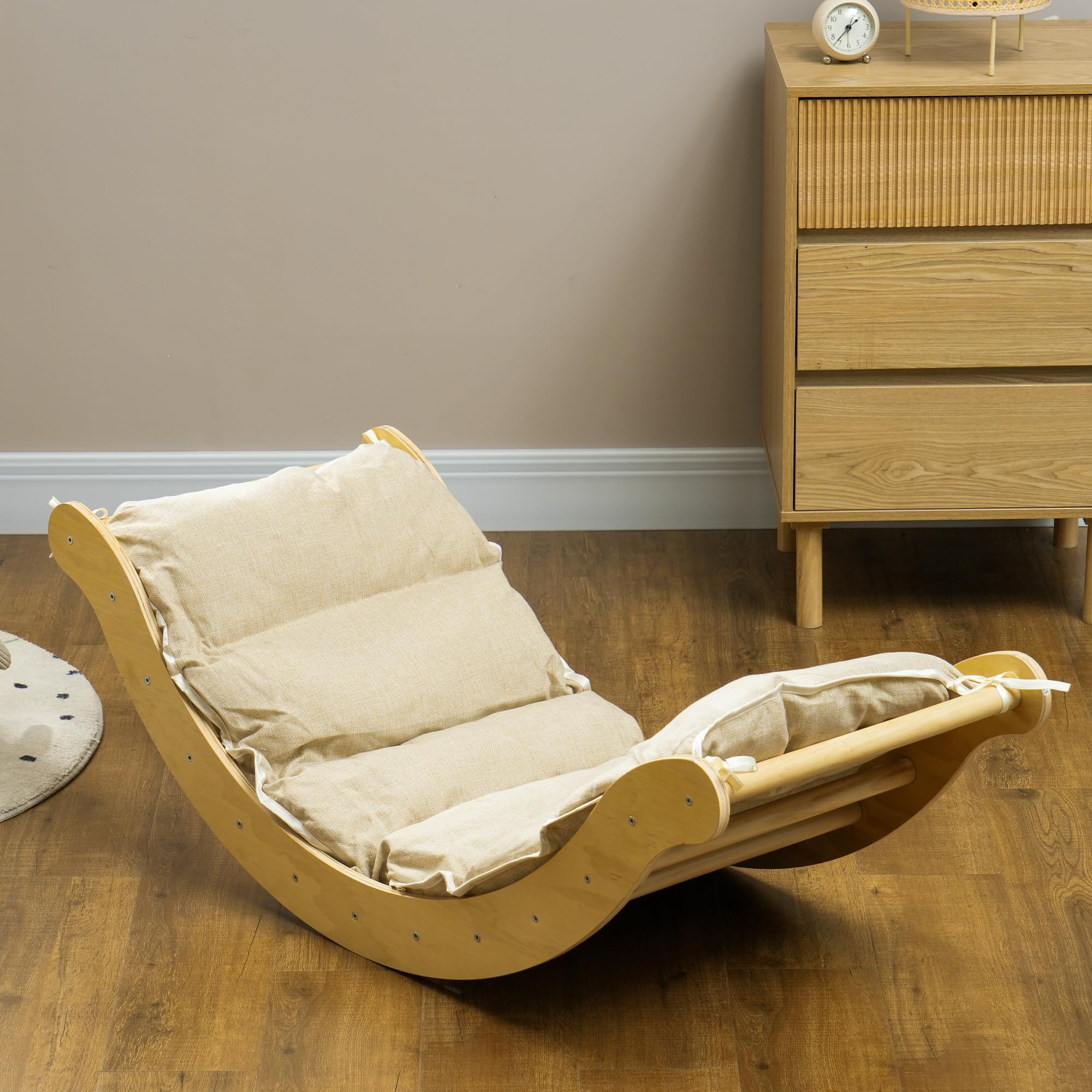 AIYAPLAY 4 en 1 Arche Escalade Enfants 18-48 Mois Charge 50 kg Bois Naturel | Chaise à Bascule avec Coussin, Rampe Double-Face pour Grimper & Glisser, Parcours Motricité Bébé en Bois