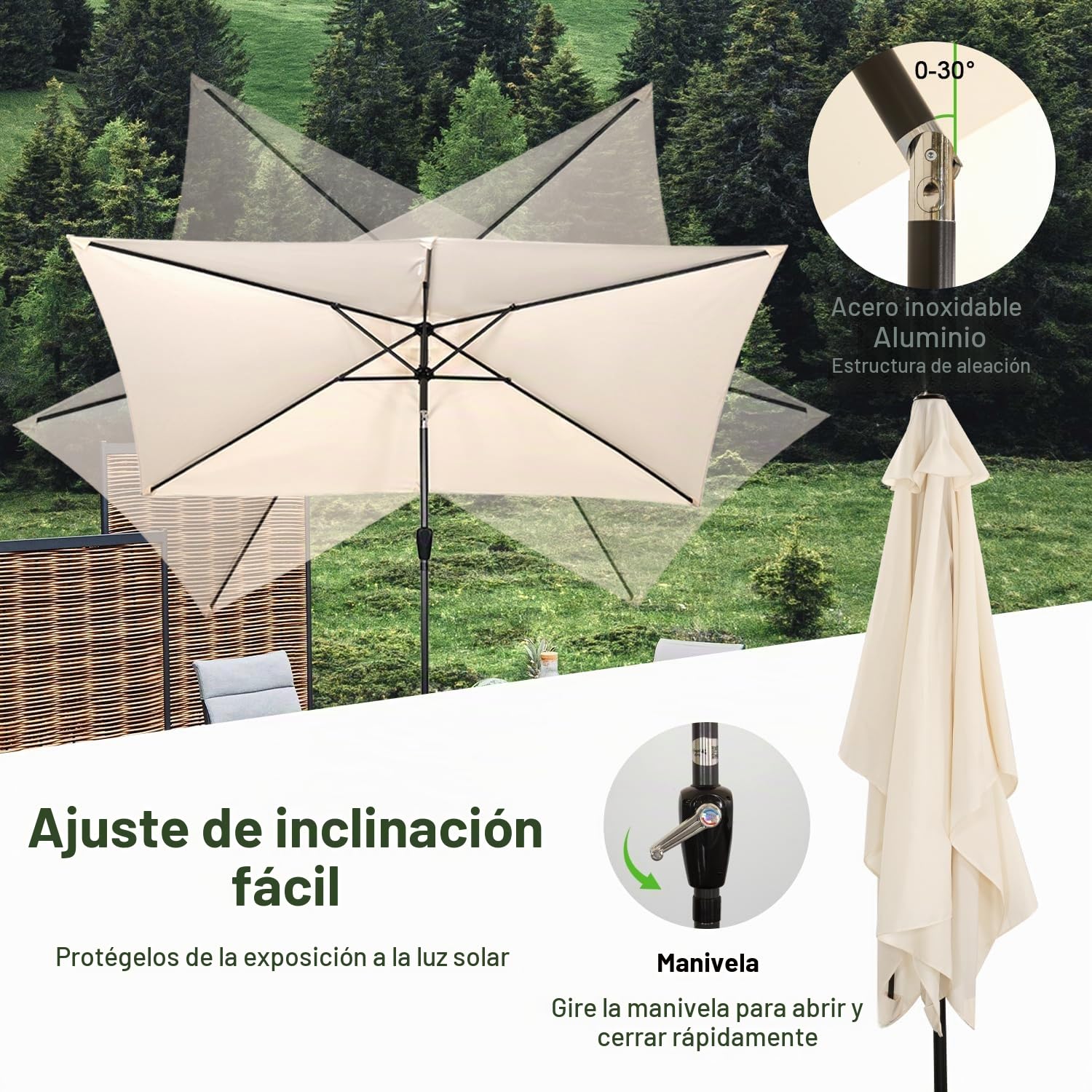 Angel Living 2x3M Sombrilla de Acero y Poliéster, Parasol Inclinado con Manivela, Sombrilla con Mástil Acero 38mm, para Balcón Terraza Patio Jardin