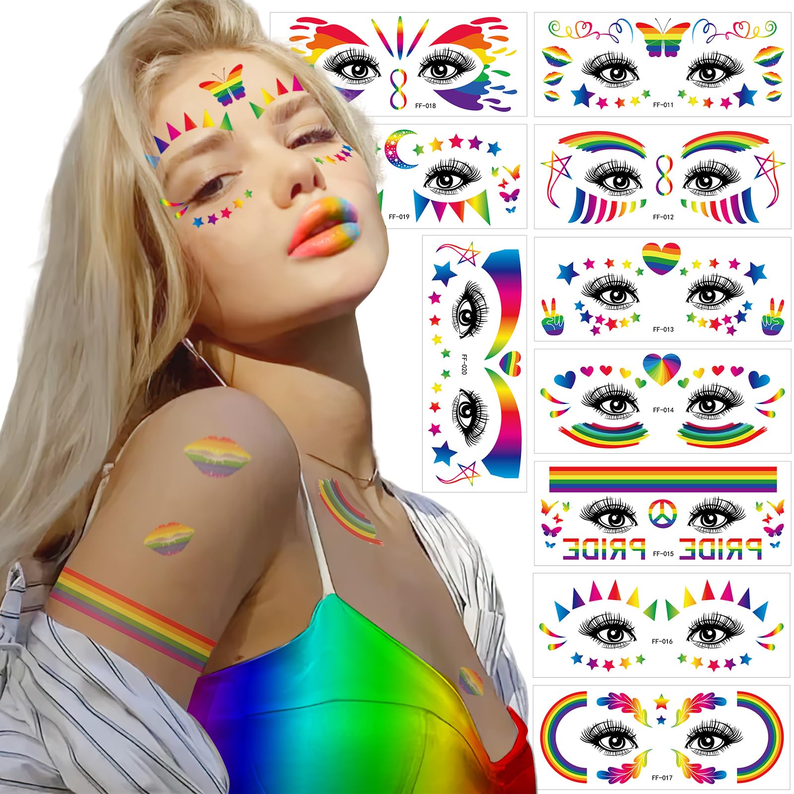Gay Pride Glitter Rainbow Face Temporary Tattoo Sticker, LGBT tattoos Transfer Tattoo Freckle Waterproof Butterfly Heart Rainbow Sticker for Pride