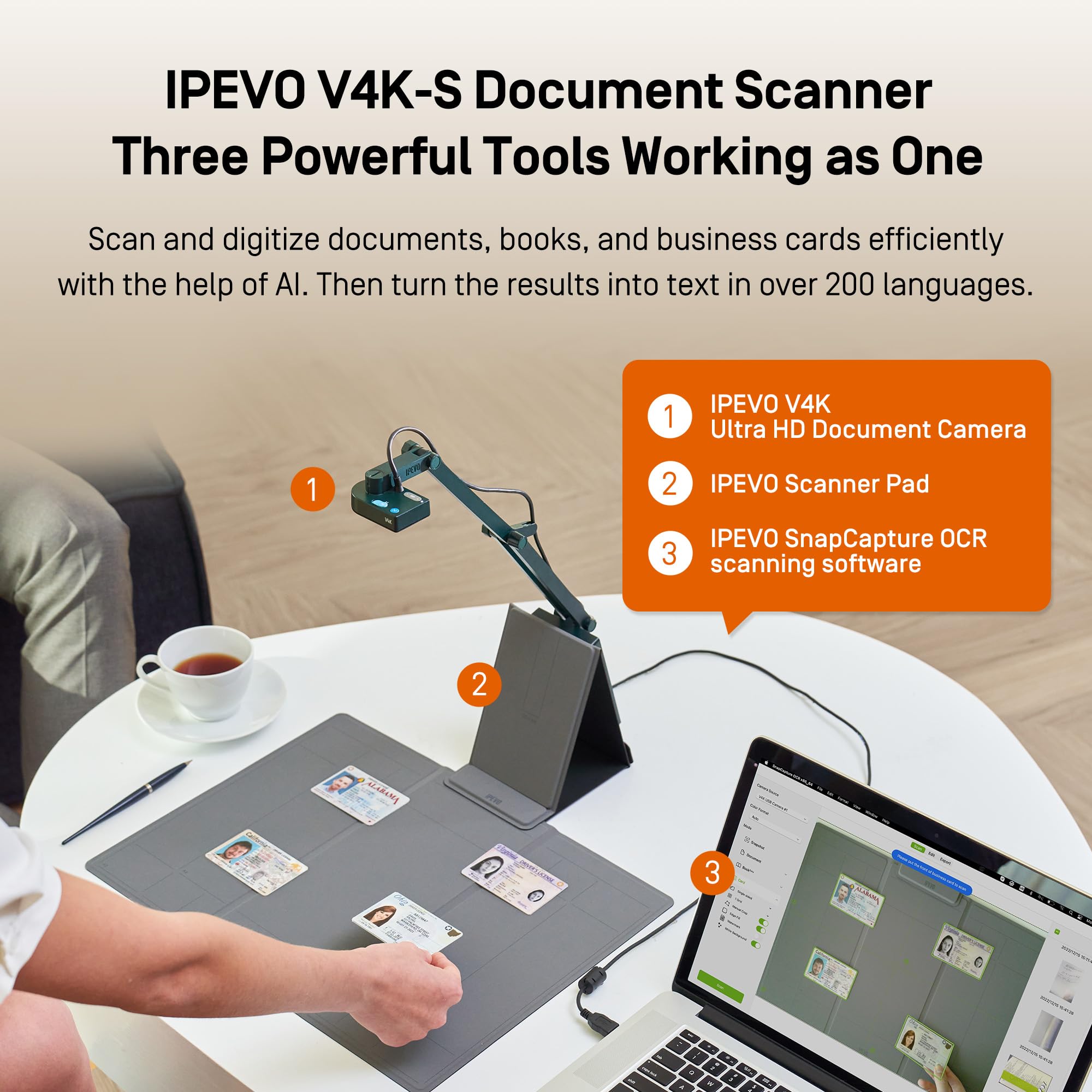 Amazon.com: IPEVO V4K-S 文件掃描器附AI 和OCR ,用於掃描和數位化書籍、名片、ID 或教材、書籍掃描器、文件相機、墊和多語種