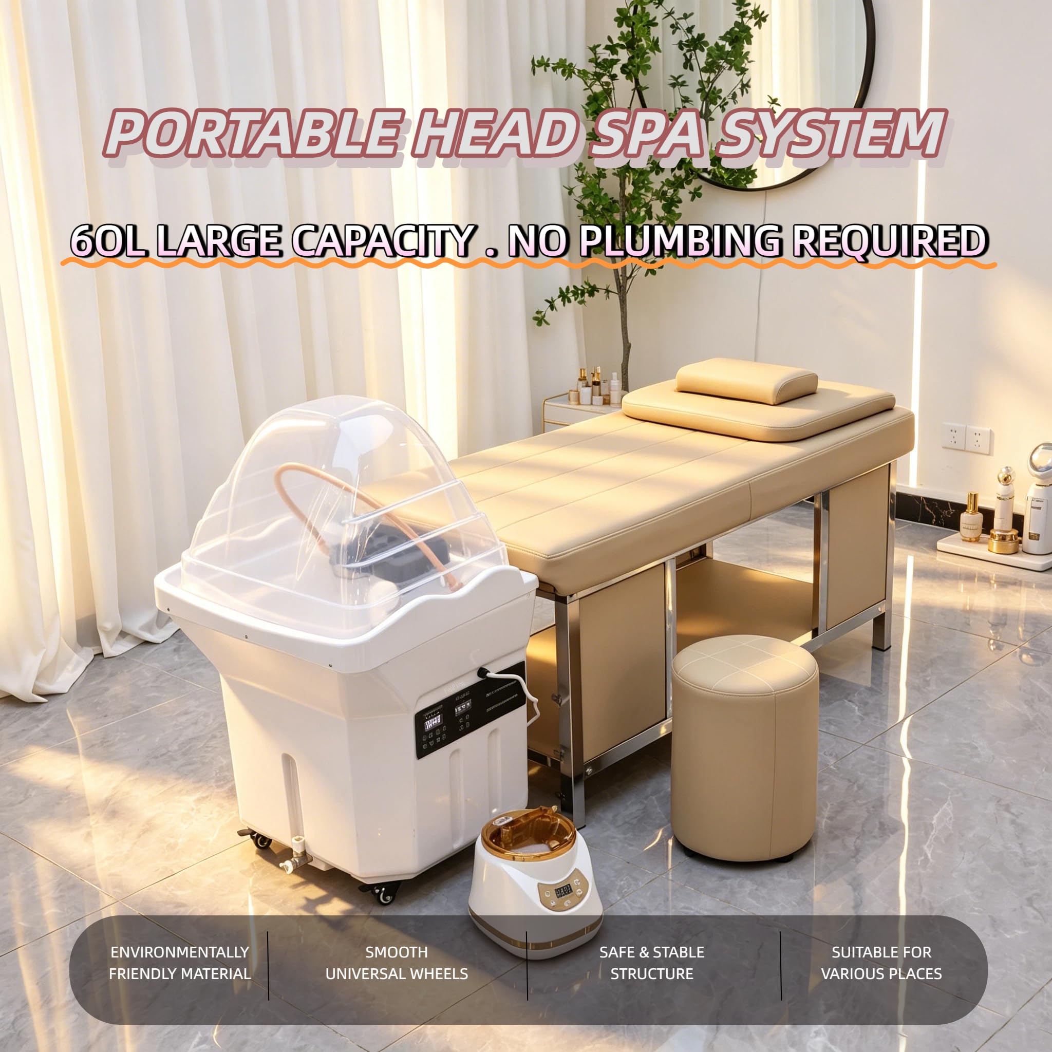 Japanische Head-Spa-Ausrüstung Head Spa Geräte Wasserzirkulation Shampoo Becken, mit 60 L Wassertank Kopf Tragbares Waschbecken für Liegen und den Einsatz im Salon