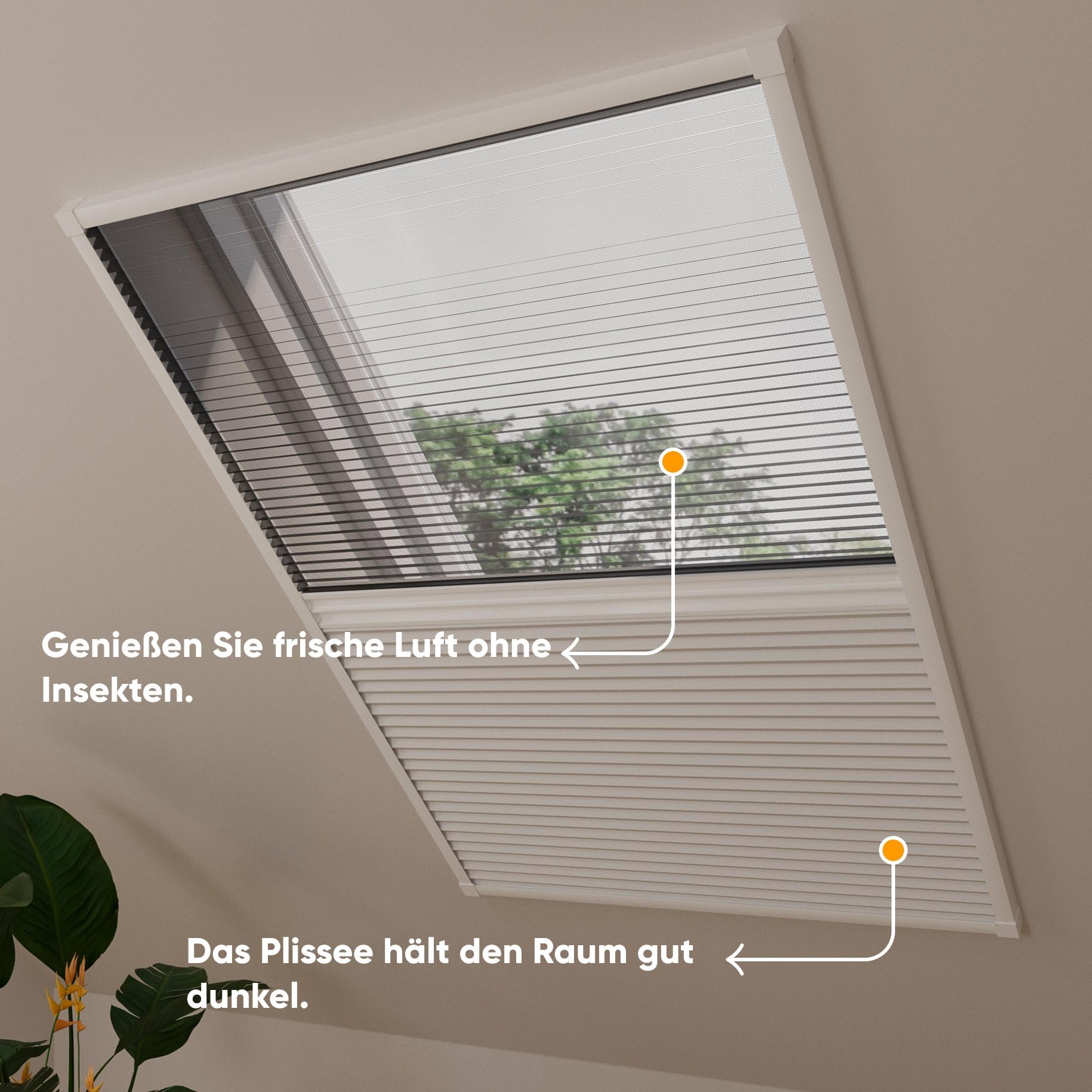 DTCH® Dachfenster Plissee mit Insektenschutz, weiß, 80 x 120 cm | Verdunkelung und Fliegengitter in einem, Wabenfalte silberbeschichtet, Hitzeschutz, Aluminium-Rahmen, kürzbar