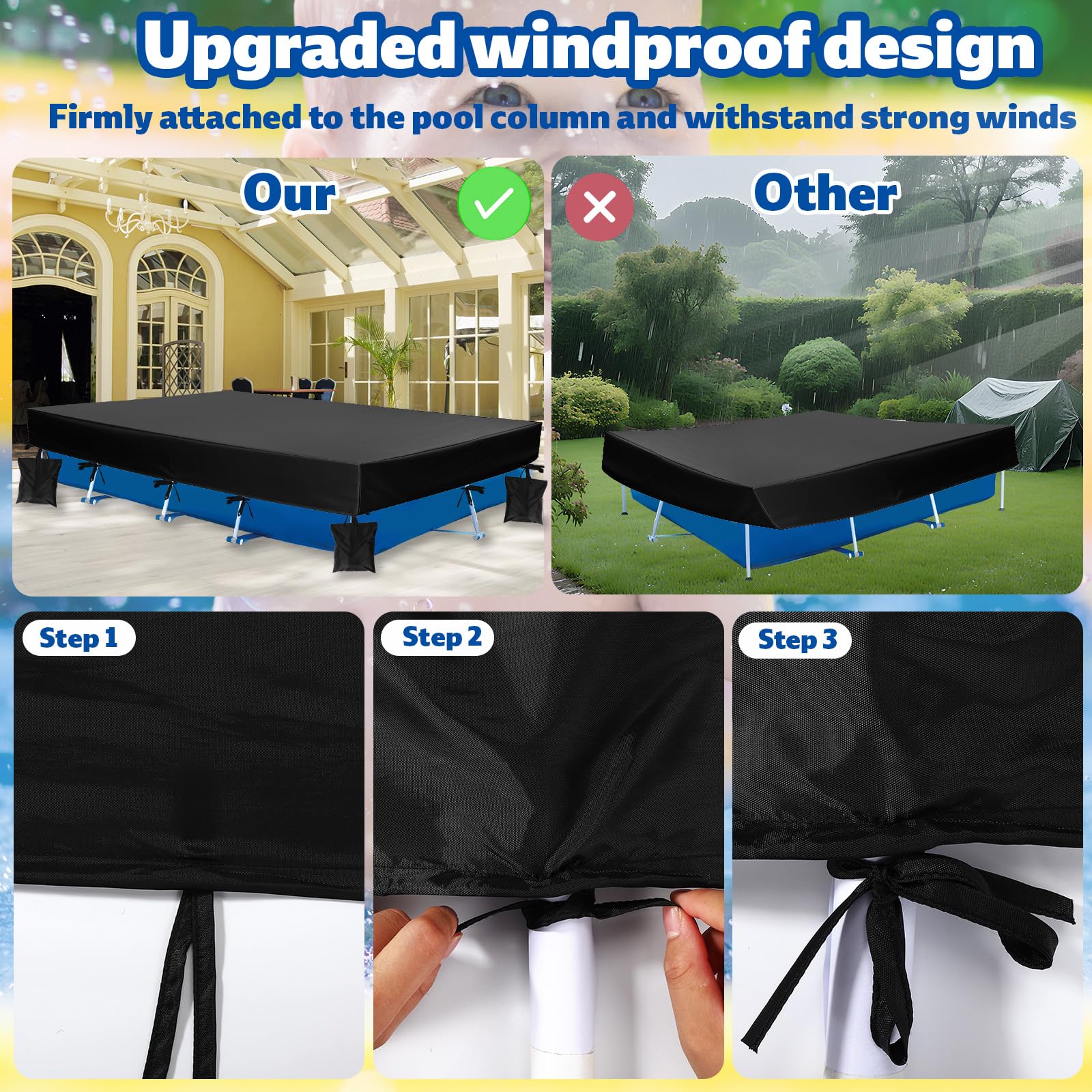 450x220x30cm Cubierta de Piscina Rectangular para Piscinas Elevadas, Resistente de Tela Oxford 210D Cubierta Incluye 4 Sacos Arena y 1 Bolsa Almacenamiento