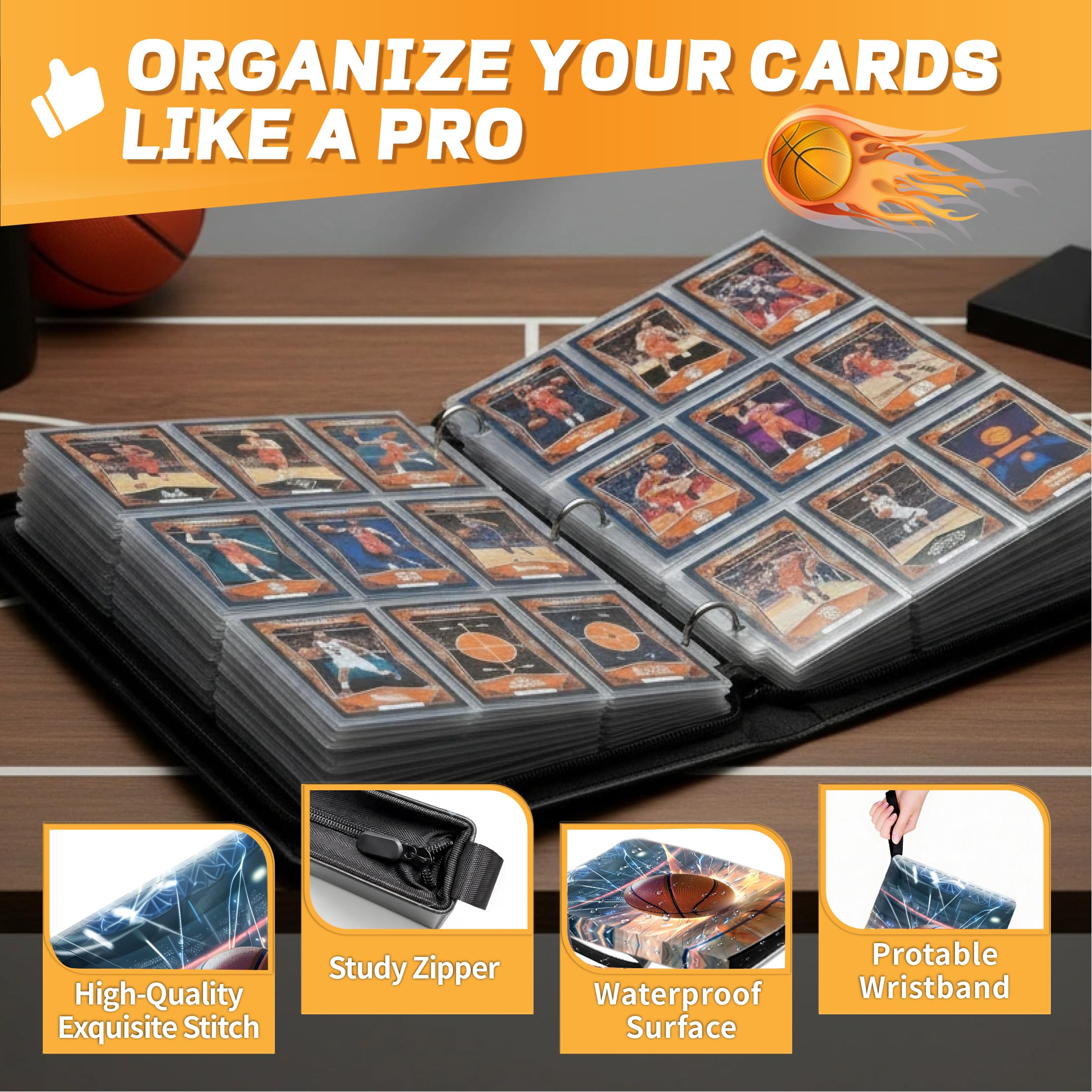 XS02 Classeur pour cartes de basket-ball avec pochettes, 9 poches, protecteur de cartes portable avec fermeture éclair, peut contenir 900 cartes avec 50 pochettes amovibles, étui de transport pour