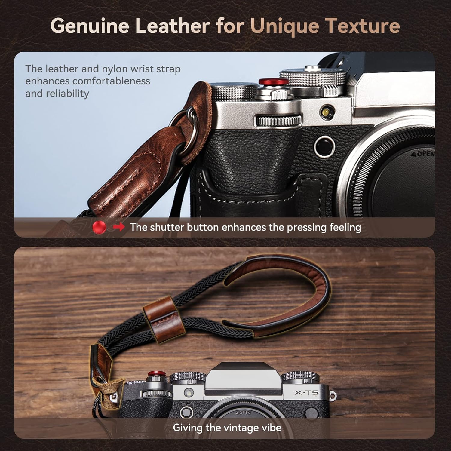 SMALLRIG X-T5 Half Case with Wrist Strap and Shutter Button, Retro Style Leather Camera Case with Aluminum Baseplate, X-T5 Camera Case Cover for FUJIFILM X-T5-3927
