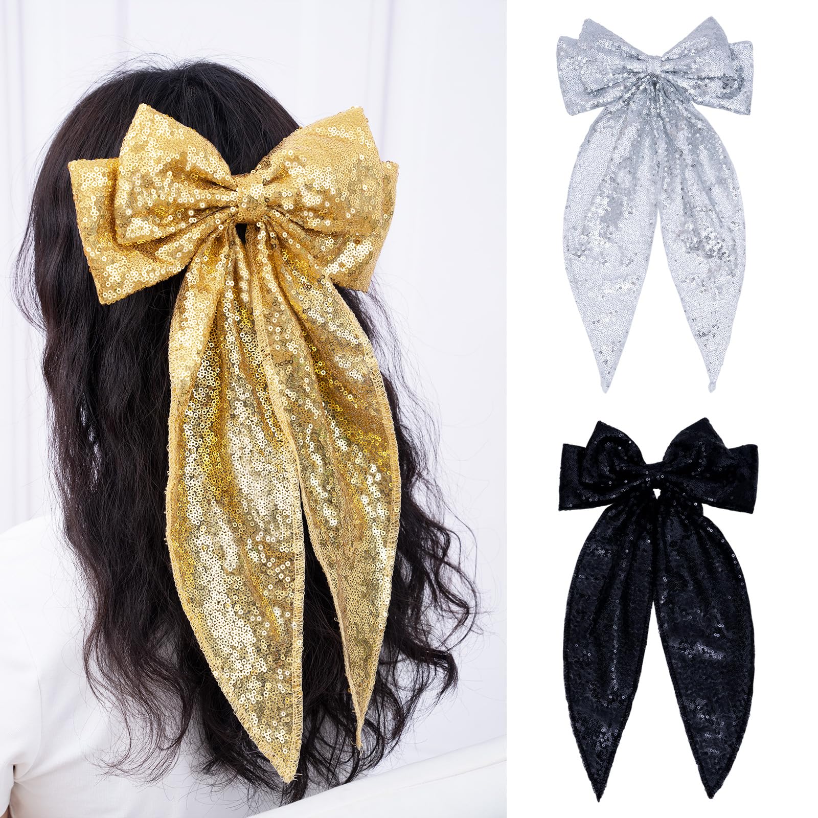Eternal Beauty Sequin Bow Hair Clip Big Hairpin French Solid Color Barrette Soft air Bowknot Accessories for Women Girls 2Pcs (Silver and Amber Gold) - Image 2