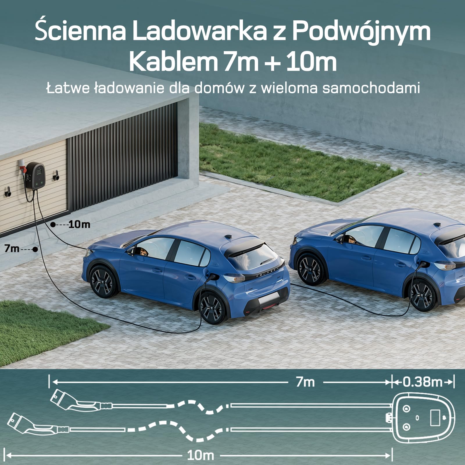 dé Podwójna stacja ładowania 2×11kW [7m+10m, 2×16A, trójfazowa] Wallbox 11kW z podwójnym kablem Typu 2, elektryczna ładowarka samochodowa sterowana aplikacją i ekranem dotykowym, do modeli Y/3 i