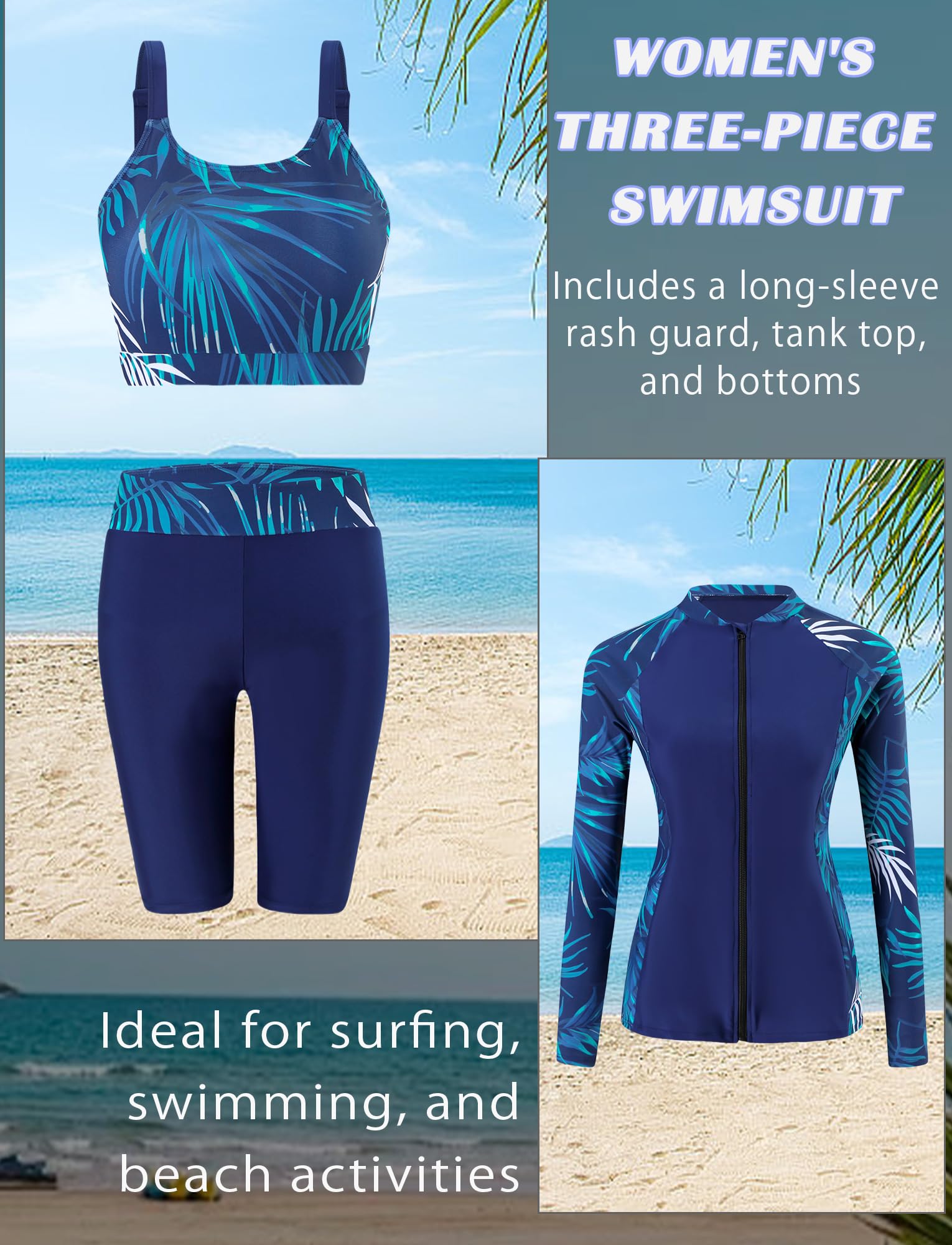 Costume da bagno a 3 pezzi, da donna, protezione solare, set rashguard a maniche lunghe + pantaloncini+Tankini Surf Beach