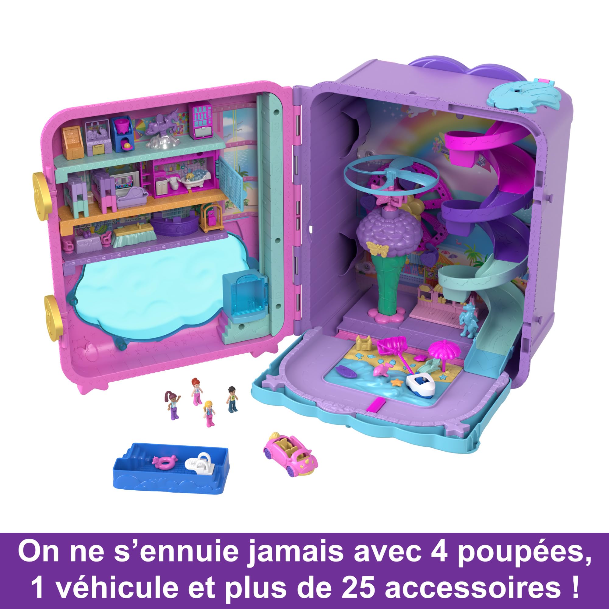 Polly Pocket Coffret Valise Pollyville, Jeu Valise Touristique avec 5 Zones De Jeu, Comprend 4 Figurines Et 1 Véhicule Pocket, Plus 25 Accessoires Inclus, Jouet pour Enfant de 4 Ans et Plus, HKV43
