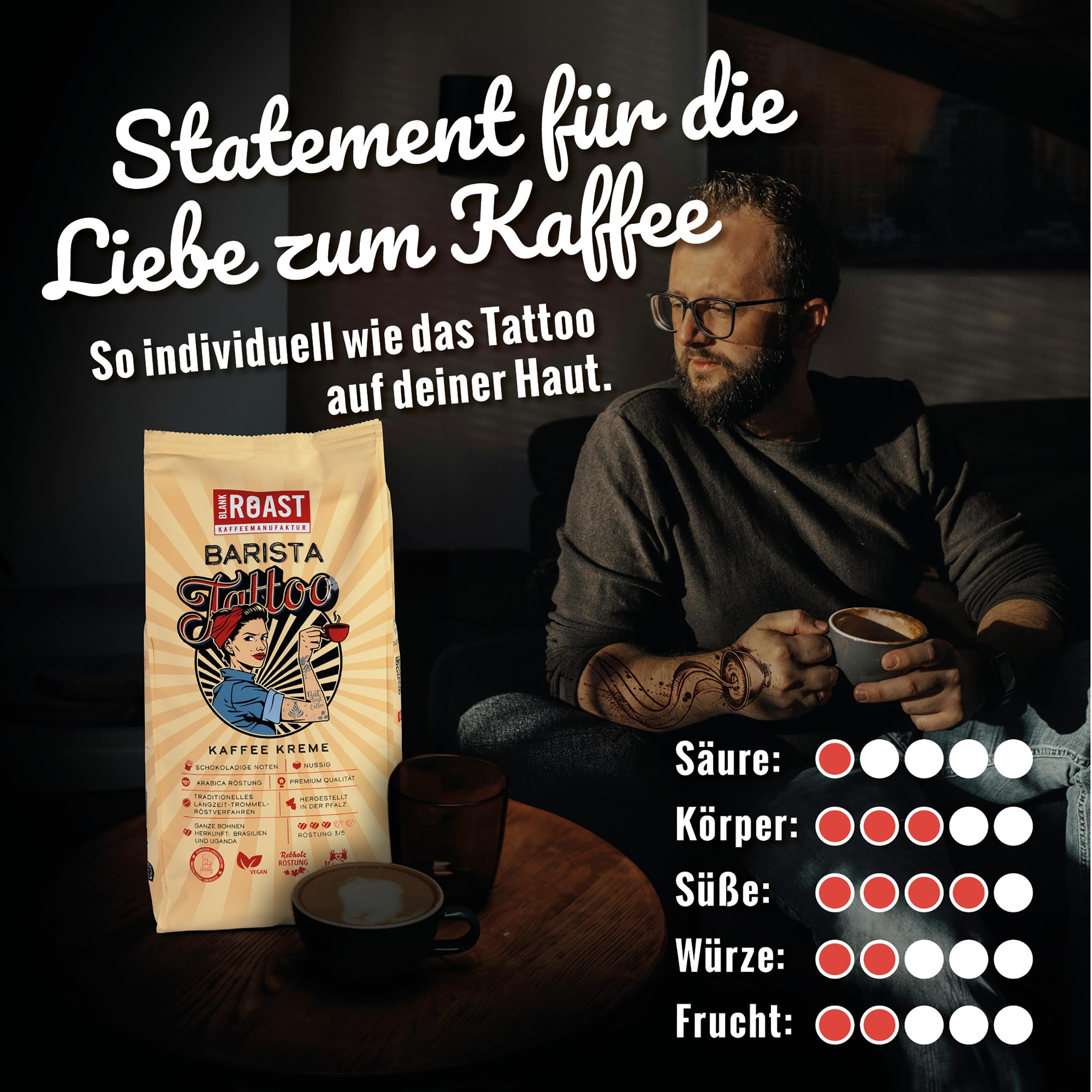 BLANK ROAST - Barista Tattoo Kaffee Kreme - 1kg (9er Pack) - im Trommel-Röstverfahren geröstet - Bohnen aus den besten Anbaugebieten - Premium Arabica - kräftig, schokoladig & nussig - säurearm