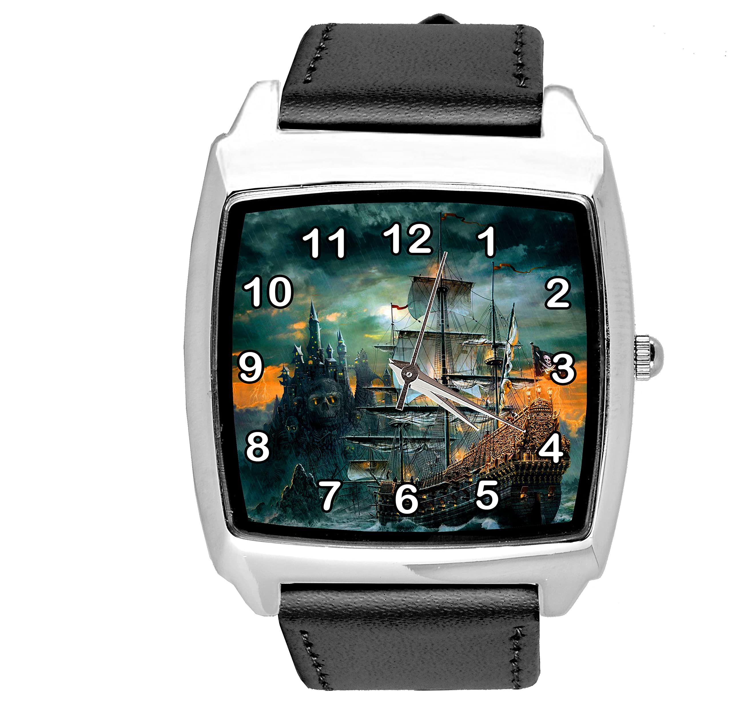 TAPORT Orologio quadrato in pelle nera per gli appassionati di navi, Nero , cinturino