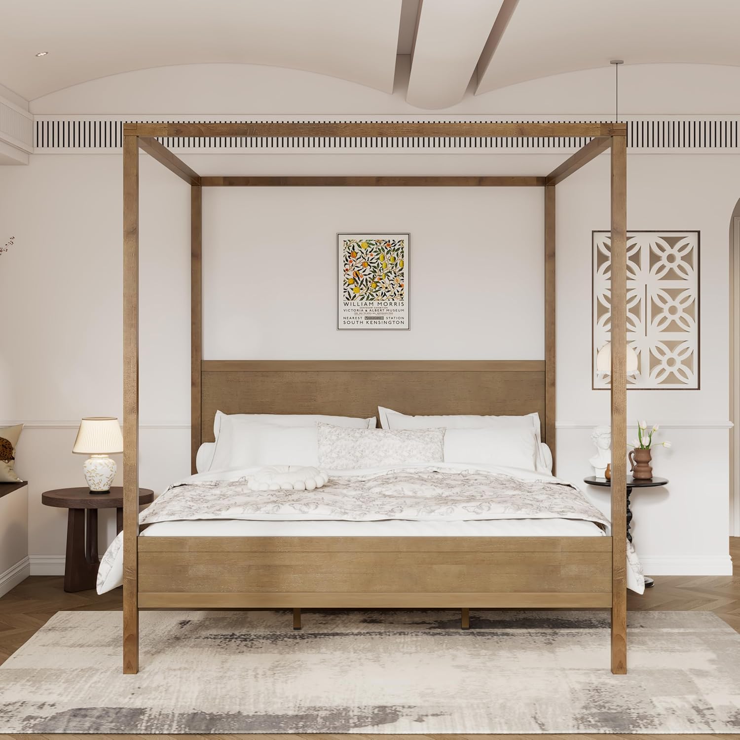 Christopher Knight Home Gana Classic Canopy Bed Frame King Size, 4 Poster King Size Bed Frame and Headboard, Wooden Slat Support, King Bed Frame No Box Spring Needed, Antique Natural