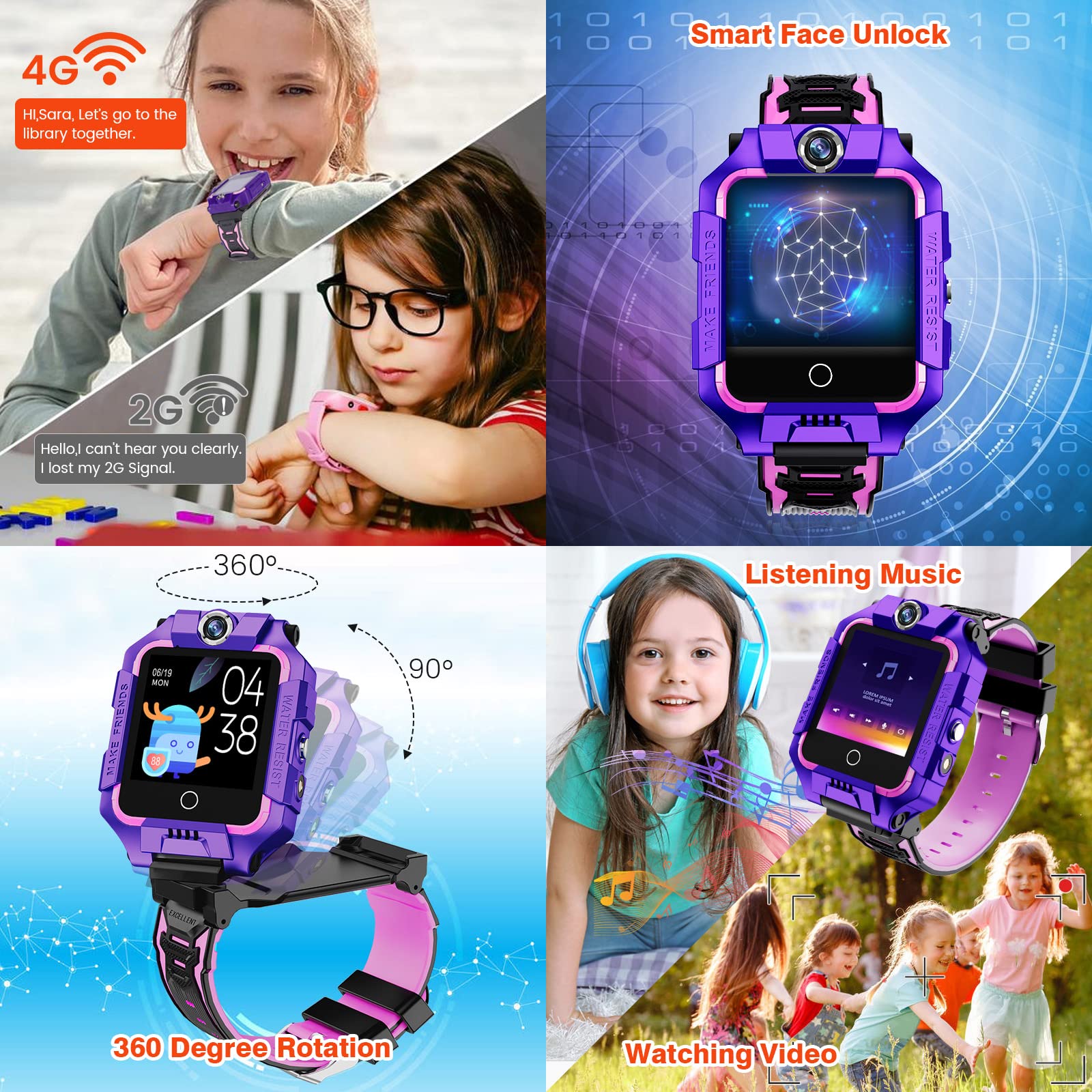 Ele ELEOPTION 4G Smart Watch per Bambini con GPS, Doppia Fotocamera a 360°, Videochiamata WiFi, Contapassi SOS, Impermeabile IP67 - per Ragazze e Ragazzi
