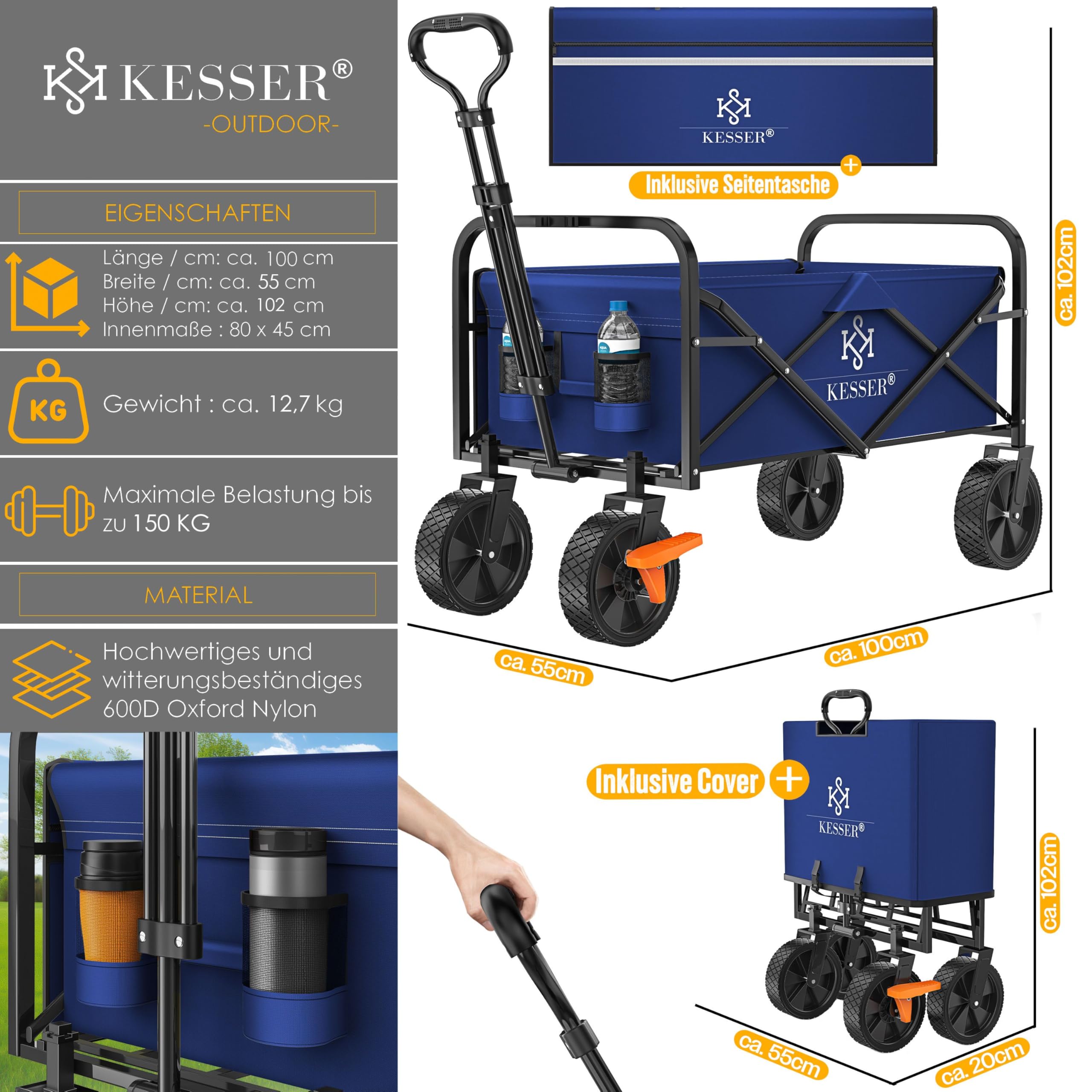 TRESKO® Opvouwbare bolderkar met dak, koelvak & zijrolgordijnen | handwagen max. belastbaar tot 150 kg | transportwagen met massieve rubberen banden & handremmen (voor & achter) en 3-punts TRESKO® Opvouwbare bolderkar met dak, koelvak & zijrolgordijnen | handwagen max. belastbaar tot 150 kg | transportwagen met massieve rubberen banden & handremmen (voor & achter) en 3-punts