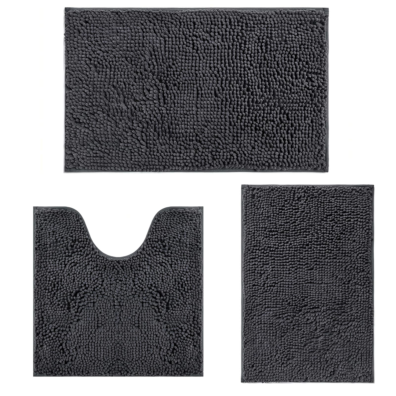RUN HELIX Bath Mat - Non Slip Anti Mould, Dark Grey Bath Mat Set, Shaggy Bath Mats for Bathroom, Absorbent Machine Washable Bathroom rug, Bathrooms Mat Set with U-Shaped Pedestal Mat (Dark Grey)