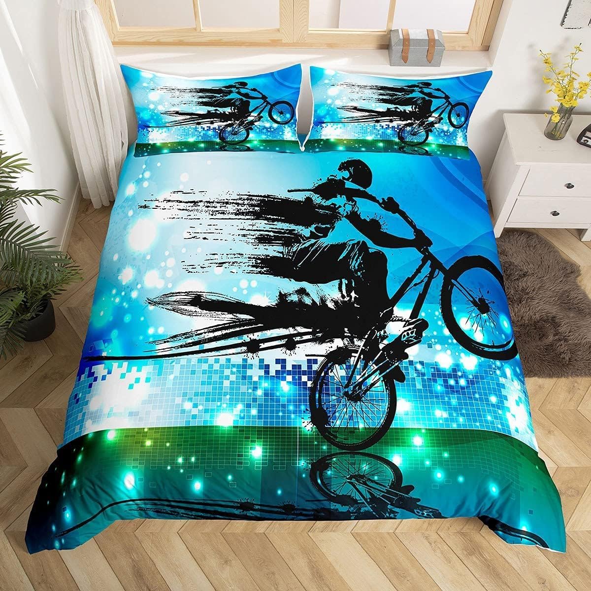 Housse de couette motocross 240x220 cm idée cadeau parure de lit 3D pour chambre d'ado et garçon