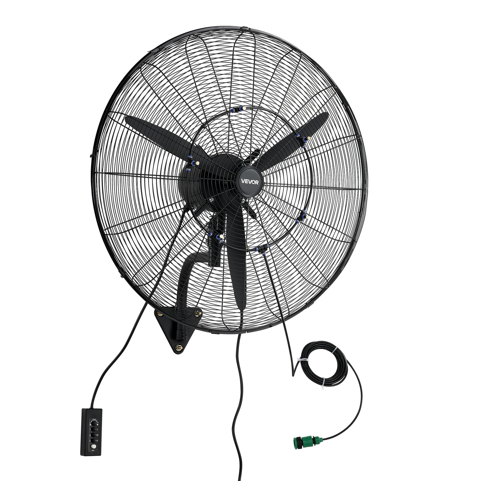 VEVOR Ventilateur Mural Industriel Brumisateur 76 cm, Ventilateur Oscillant pour Atelier, Garage, Entrepôt et Salle de Sport, Protection IP44, 3 Vitesses, Angle Réglable, Pales en Alu, Grille en Acier
