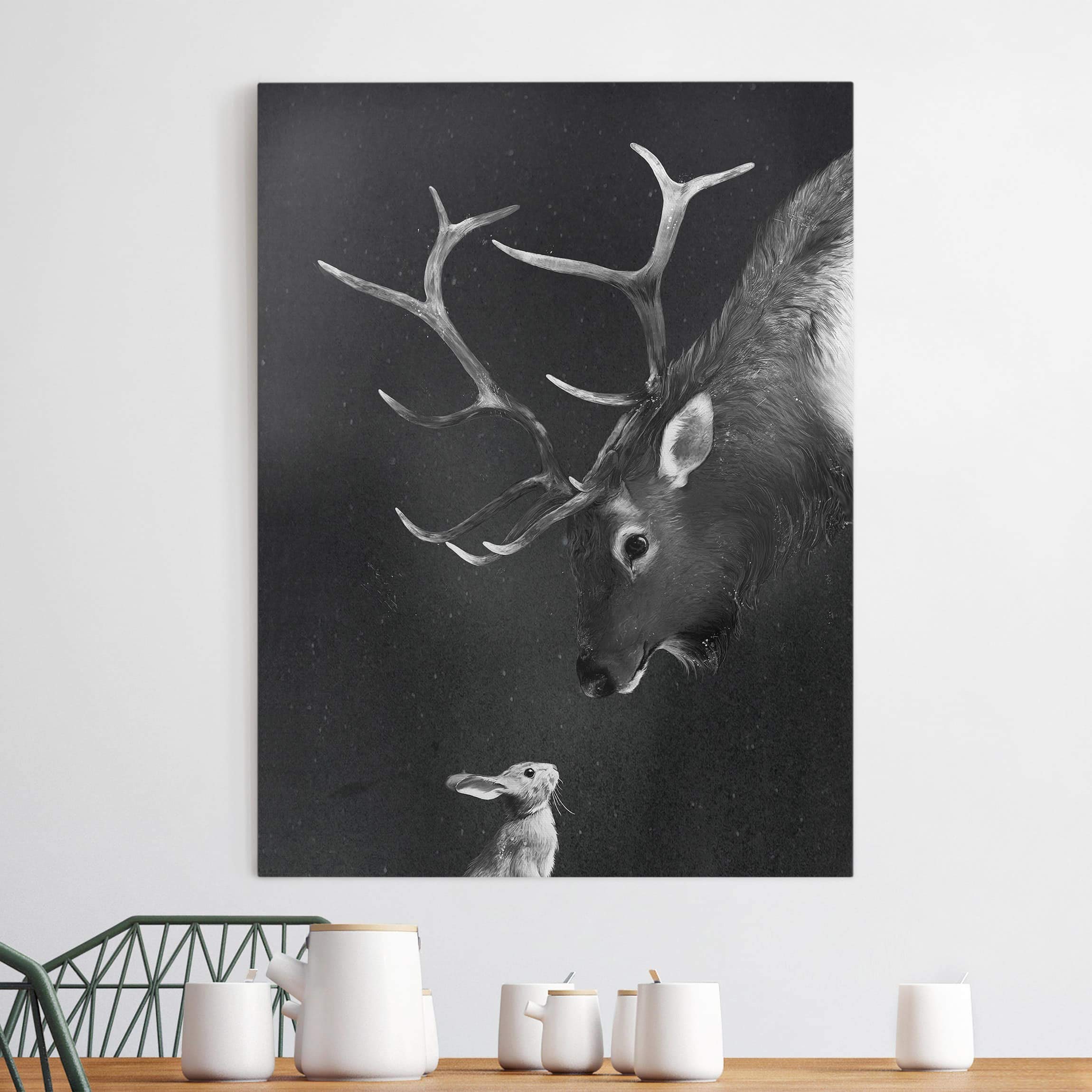 Leinwandbild - Illustration Hirsch und Hase Schwarz Weiß Malerei 80 x 60 cm